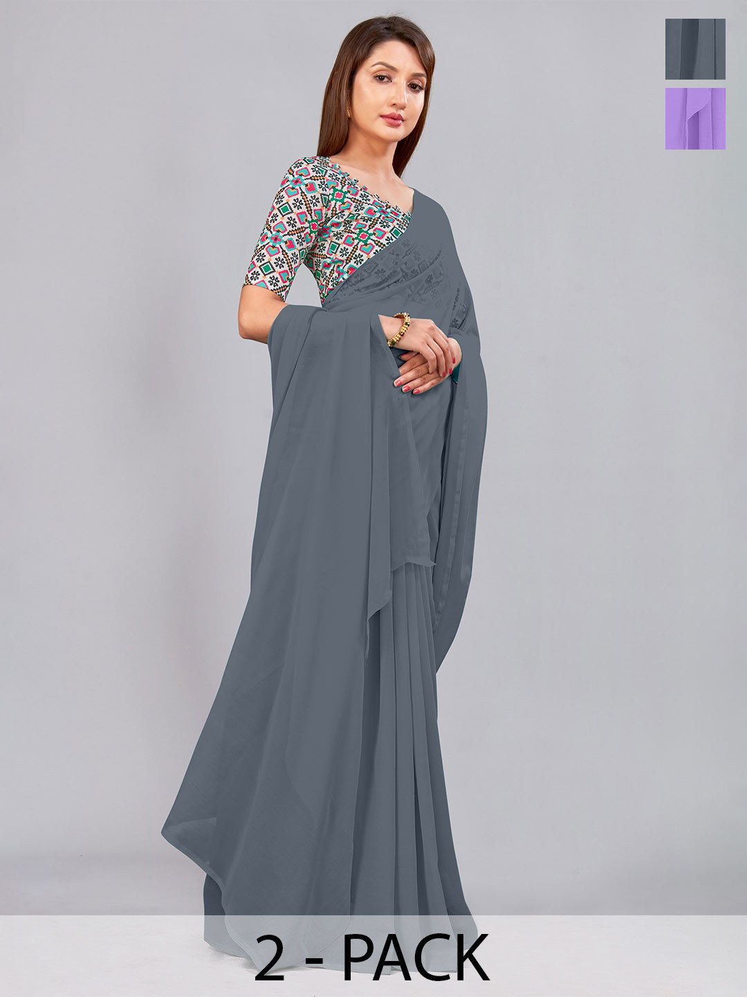 

CastilloFab Selection Of 2 Ethnic Pure Georgette Sarees, Grey