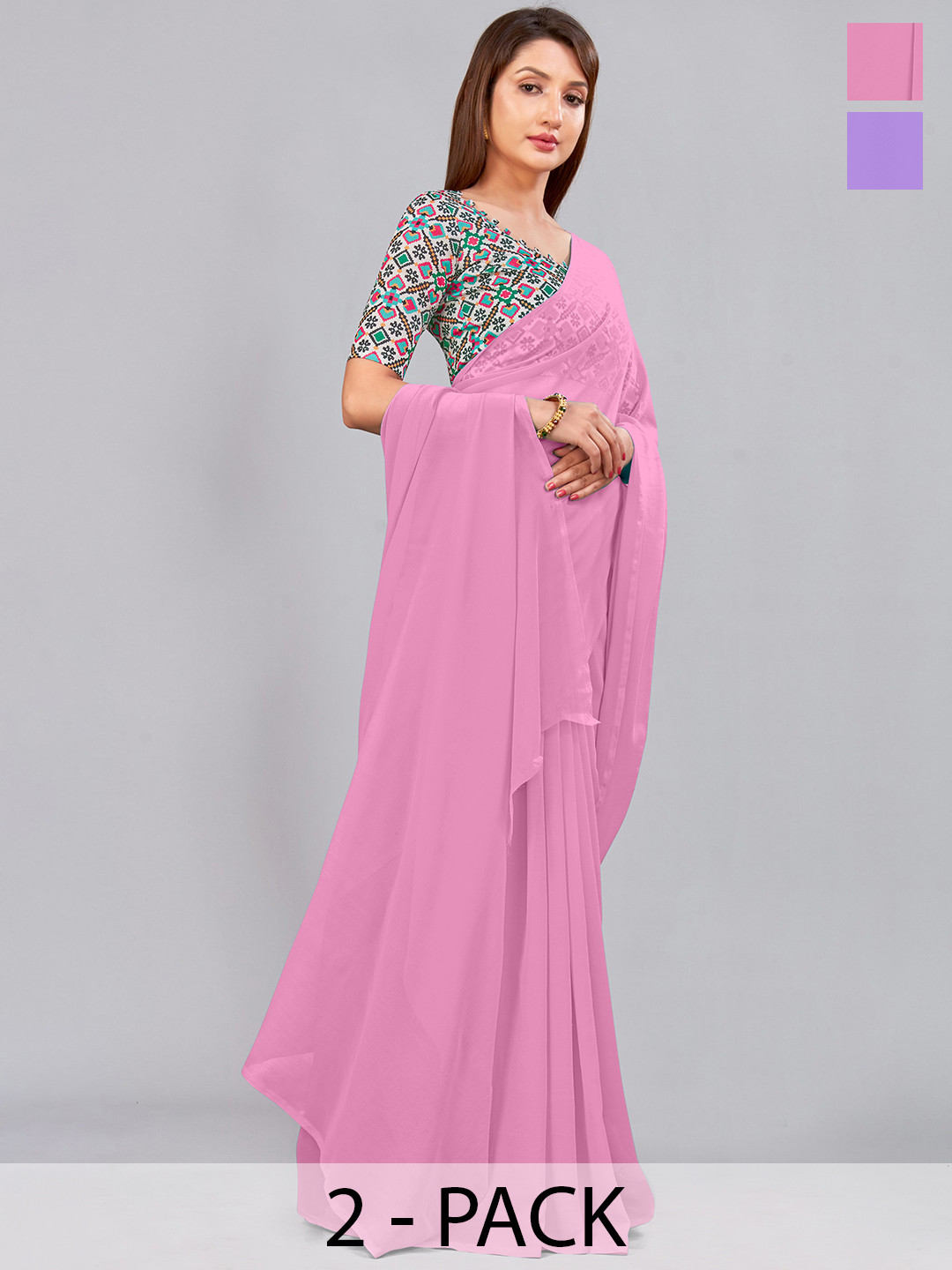 

CastilloFab Pink & Purple Pure Georgette Saree