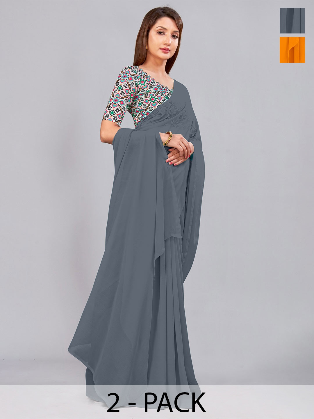 

CastilloFab Selection Of 2 Ethnic Pure Georgette Sarees, Grey