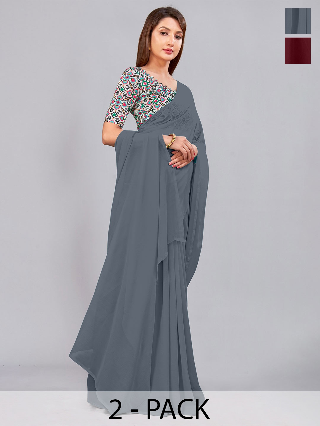 

CastilloFab Selection Of 2 Ethnic Pure Georgette Sarees, Grey