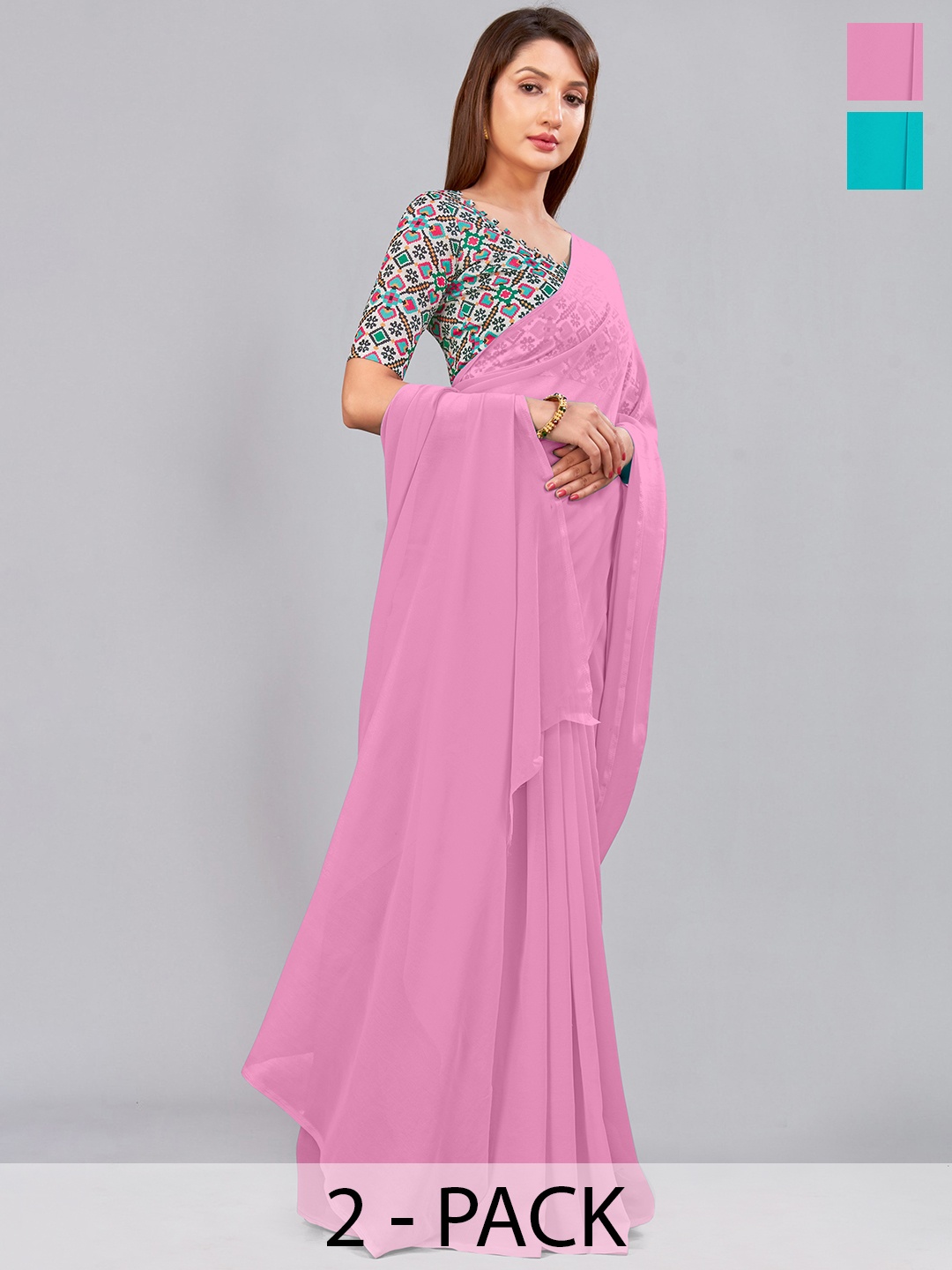 

CastilloFab Selection Of 2 Pure Georgette Saree, Pink