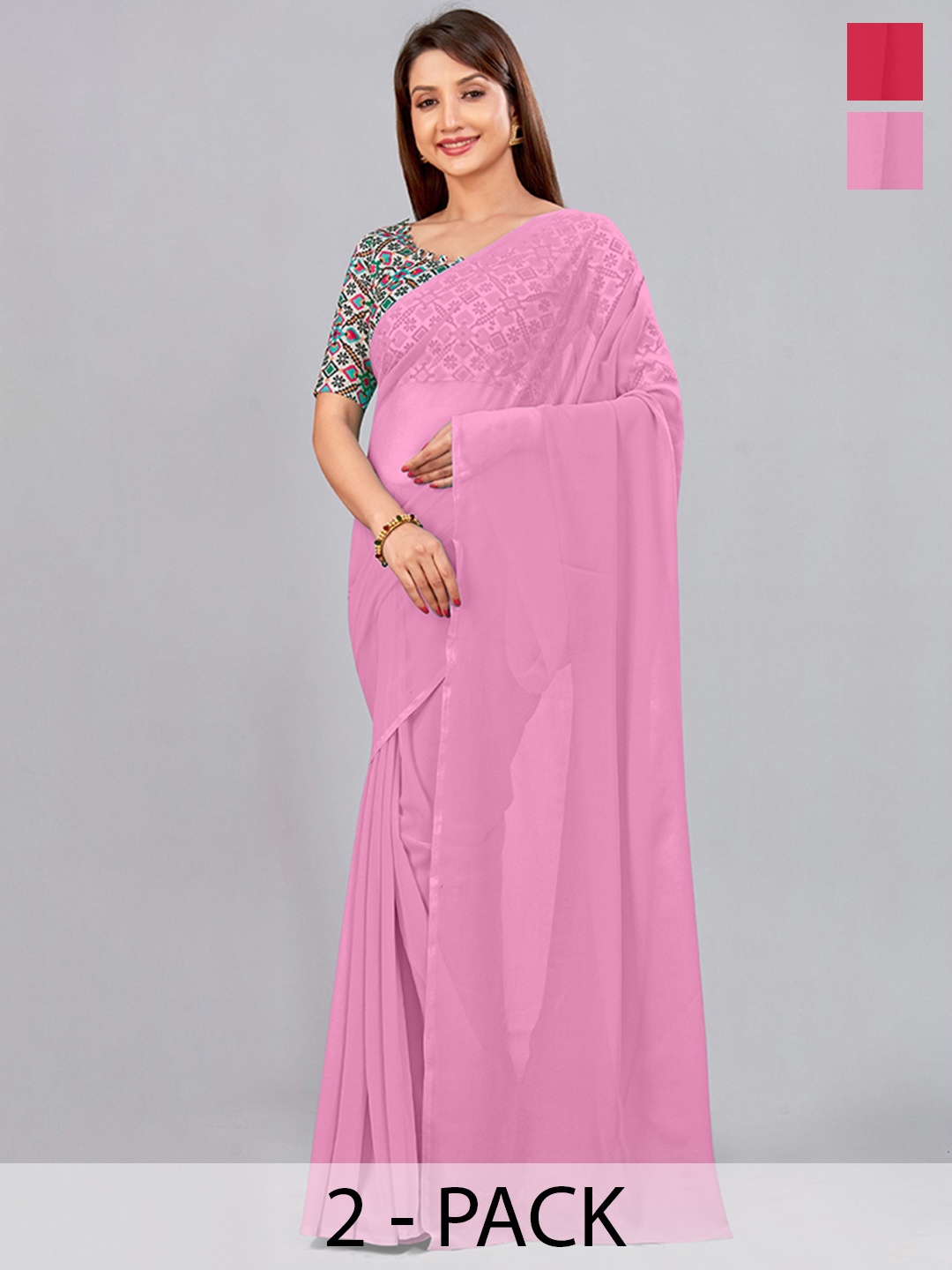 

CastilloFab Selection Of 2 Pure Georgette Saree, Pink