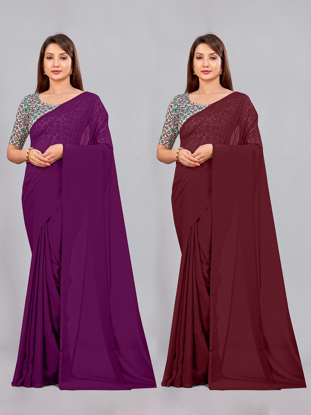

CastilloFab Selection of 2 Pure Georgette Saree, Burgundy