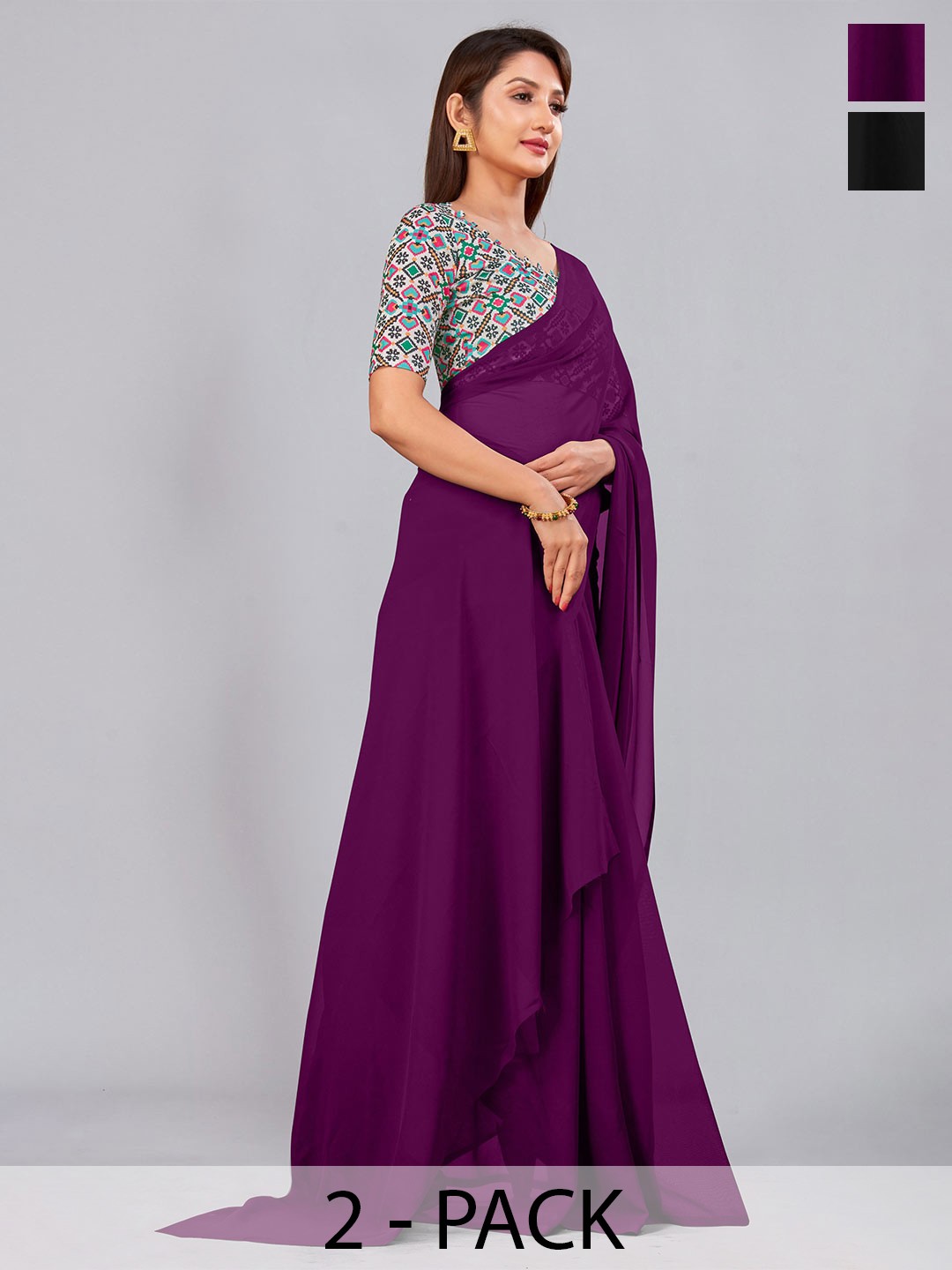 

CastilloFab Selection of 2 Pure Georgette Saree, Burgundy