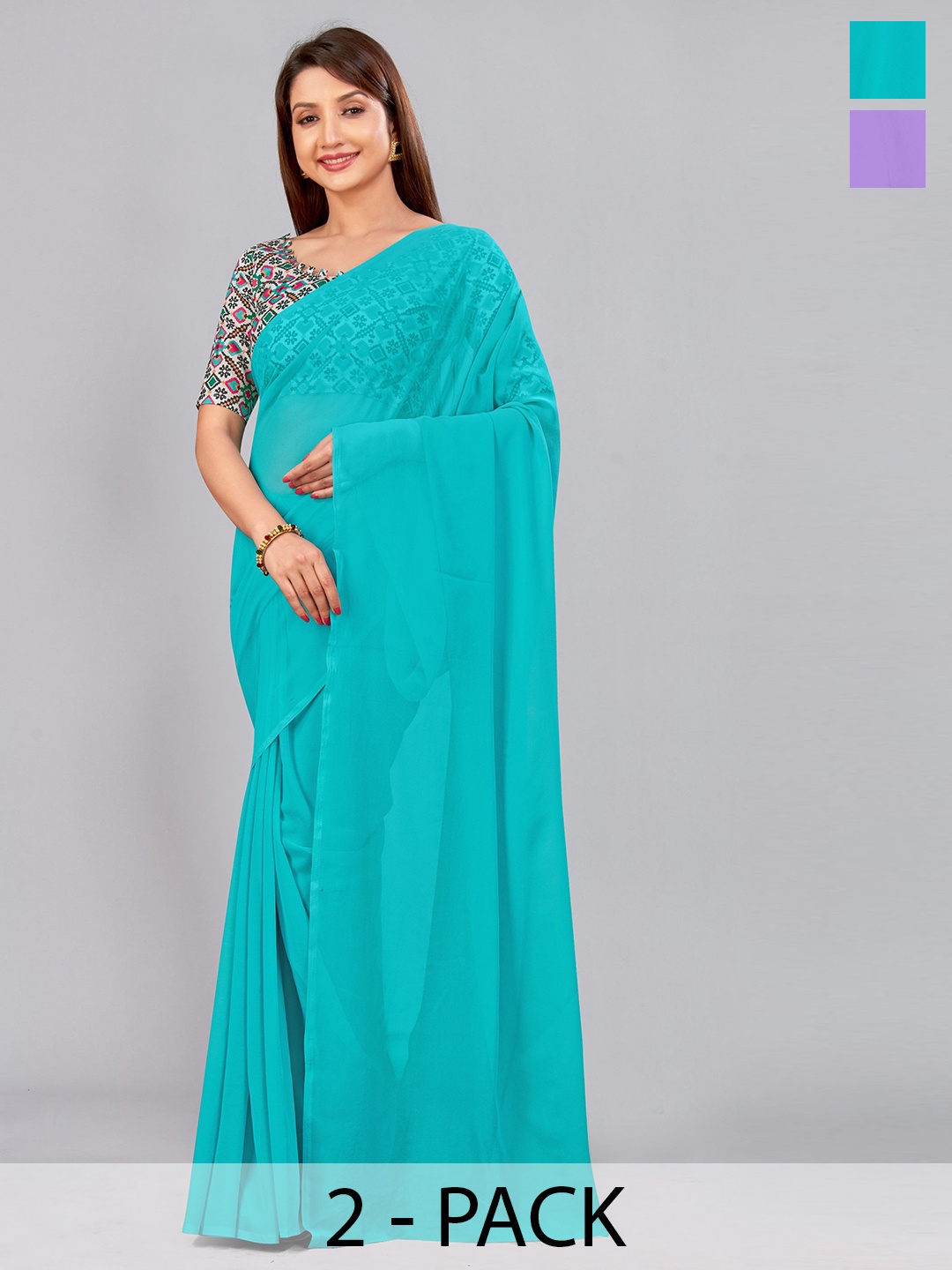 

CastilloFab Selection Of 2 Ethnic Pure Georgette Sarees, Turquoise blue