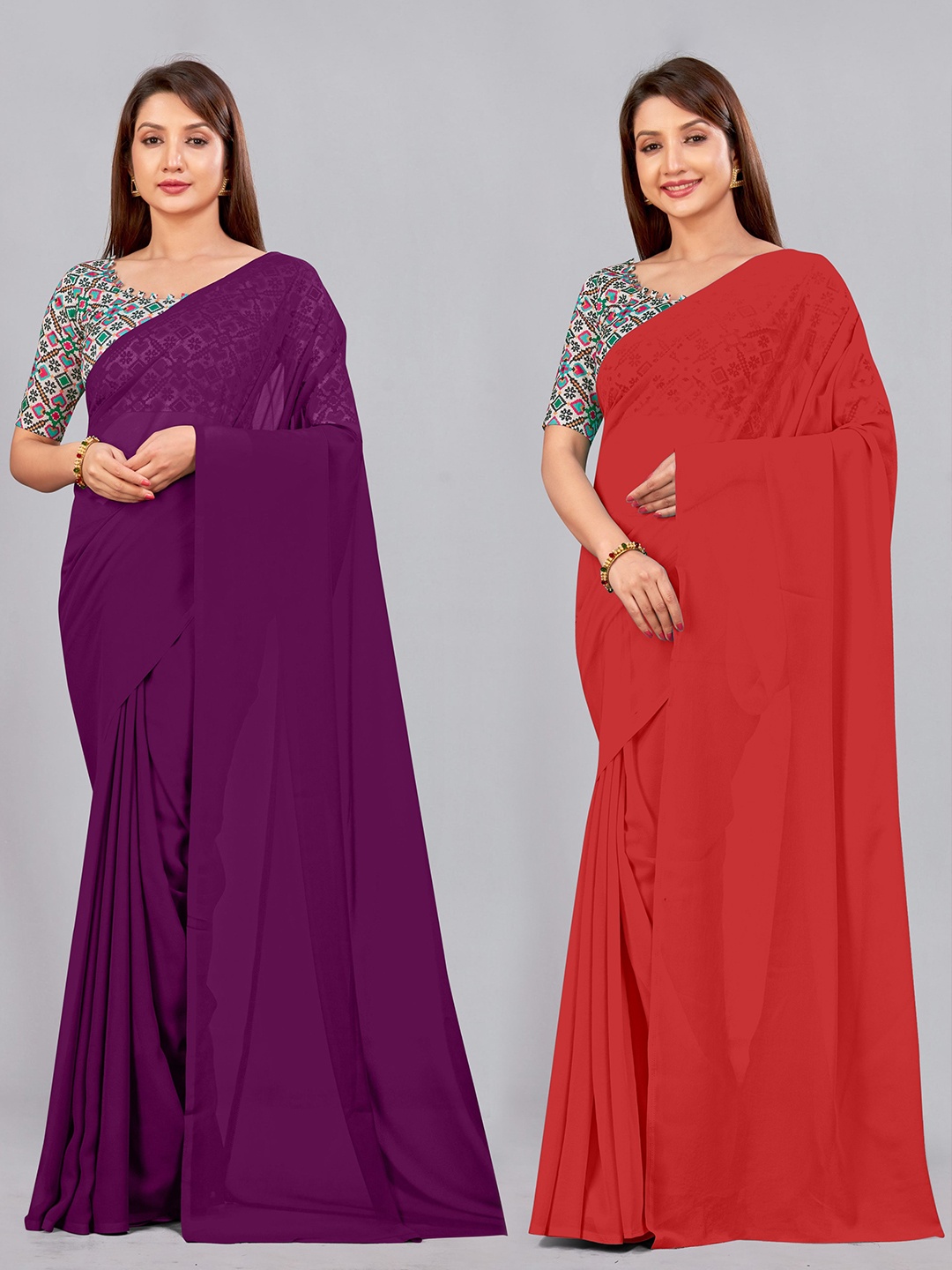 

CastilloFab Purple & Red Selection of 2 Pure Georgette Saree