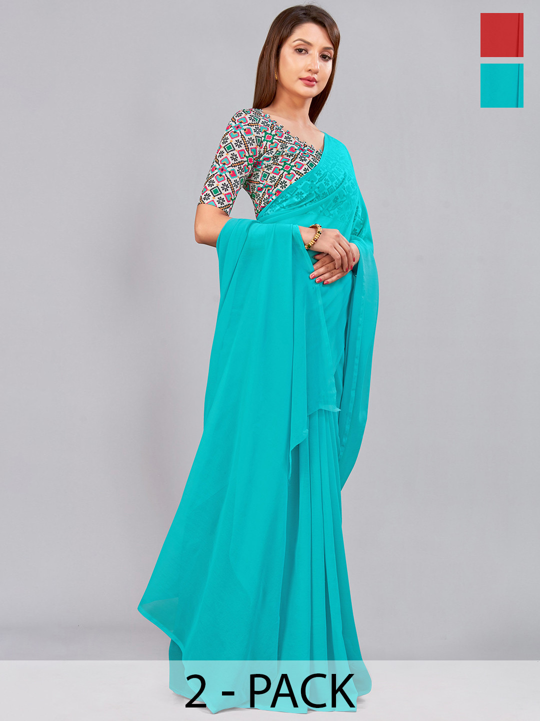 

CastilloFab Selection of 2 Pure Georgette Sarees, Turquoise blue