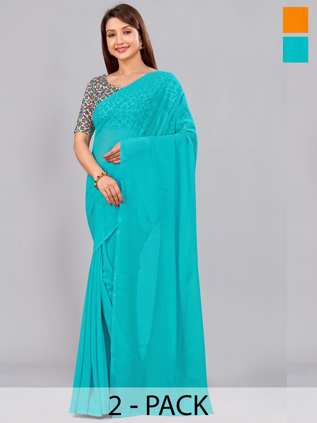 

CastilloFab Selection of 2 Pure Georgette Sarees, Turquoise blue