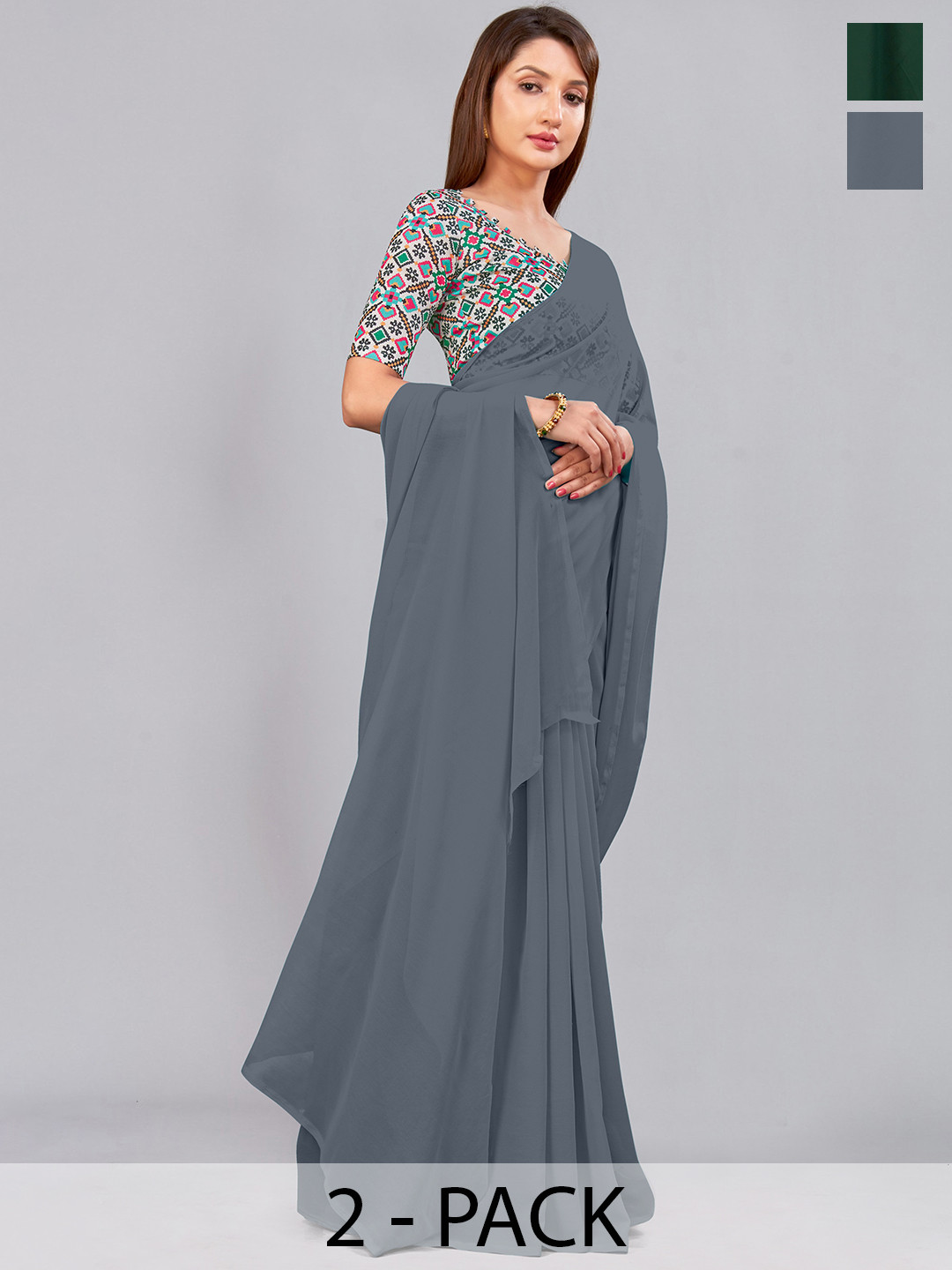 

CastilloFab Selection Of 2 Pure Georgette Saree, Grey