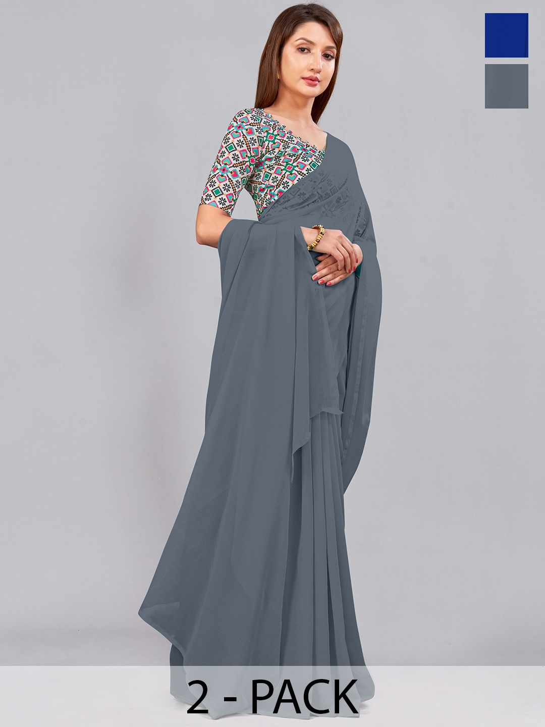 

CastilloFab Grey & Blue Selection of 2 Pure Georgette Saree