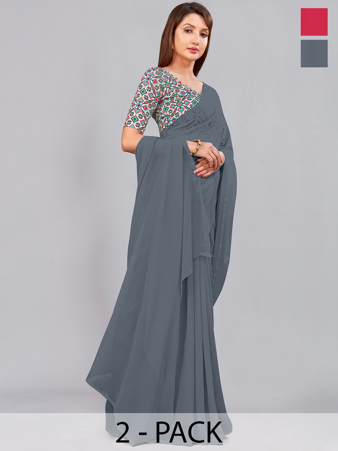 

CastilloFab Selection of 2 Pure Georgette Saree, Grey