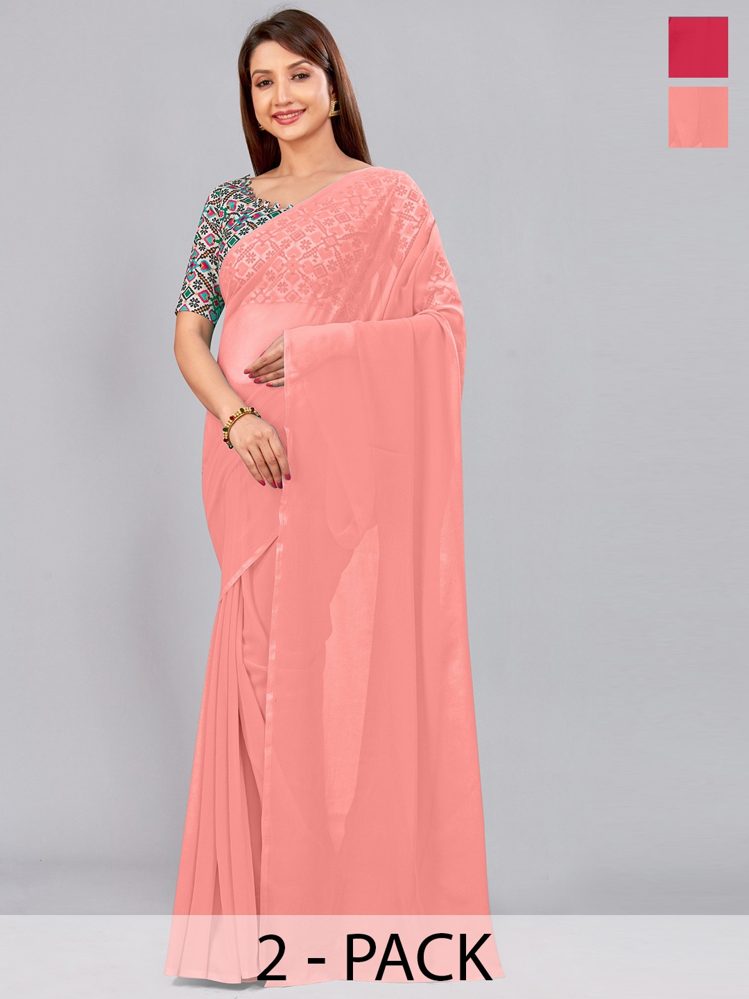 

CastilloFab Peach Coloured & Pink Pure Georgette Saree