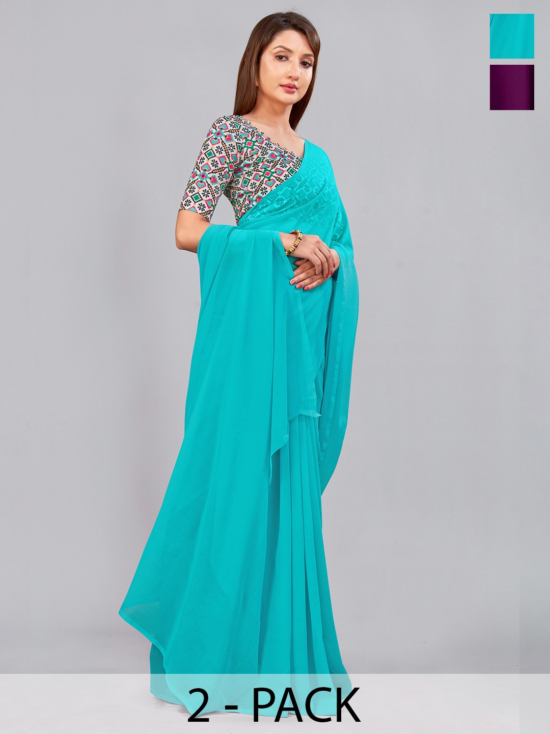 

CastilloFab Selection Of 2 Pure Georgette Saree, Turquoise blue