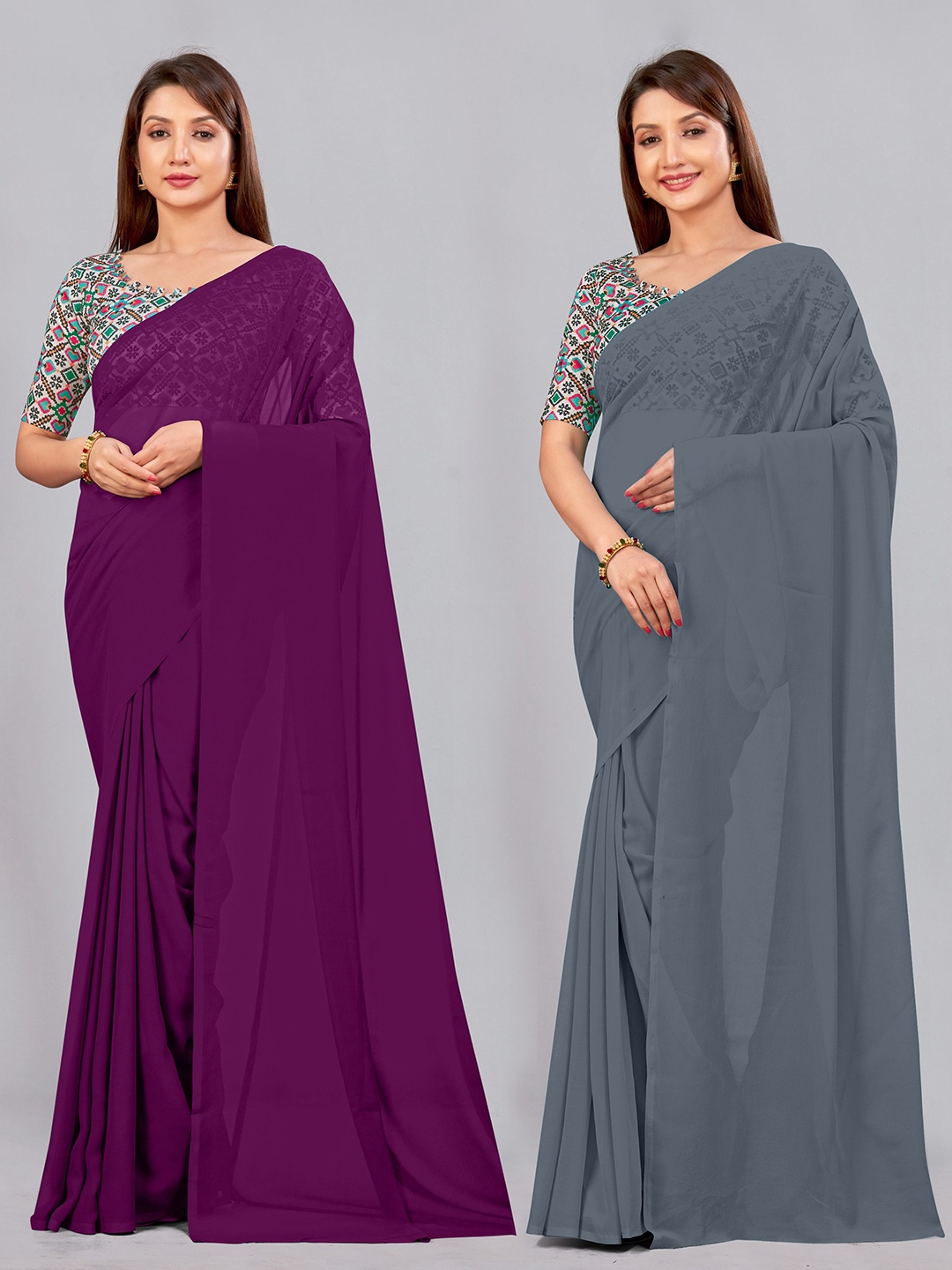 

CastilloFab Grey & Purple Selection of 2 Pure Georgette Sarees