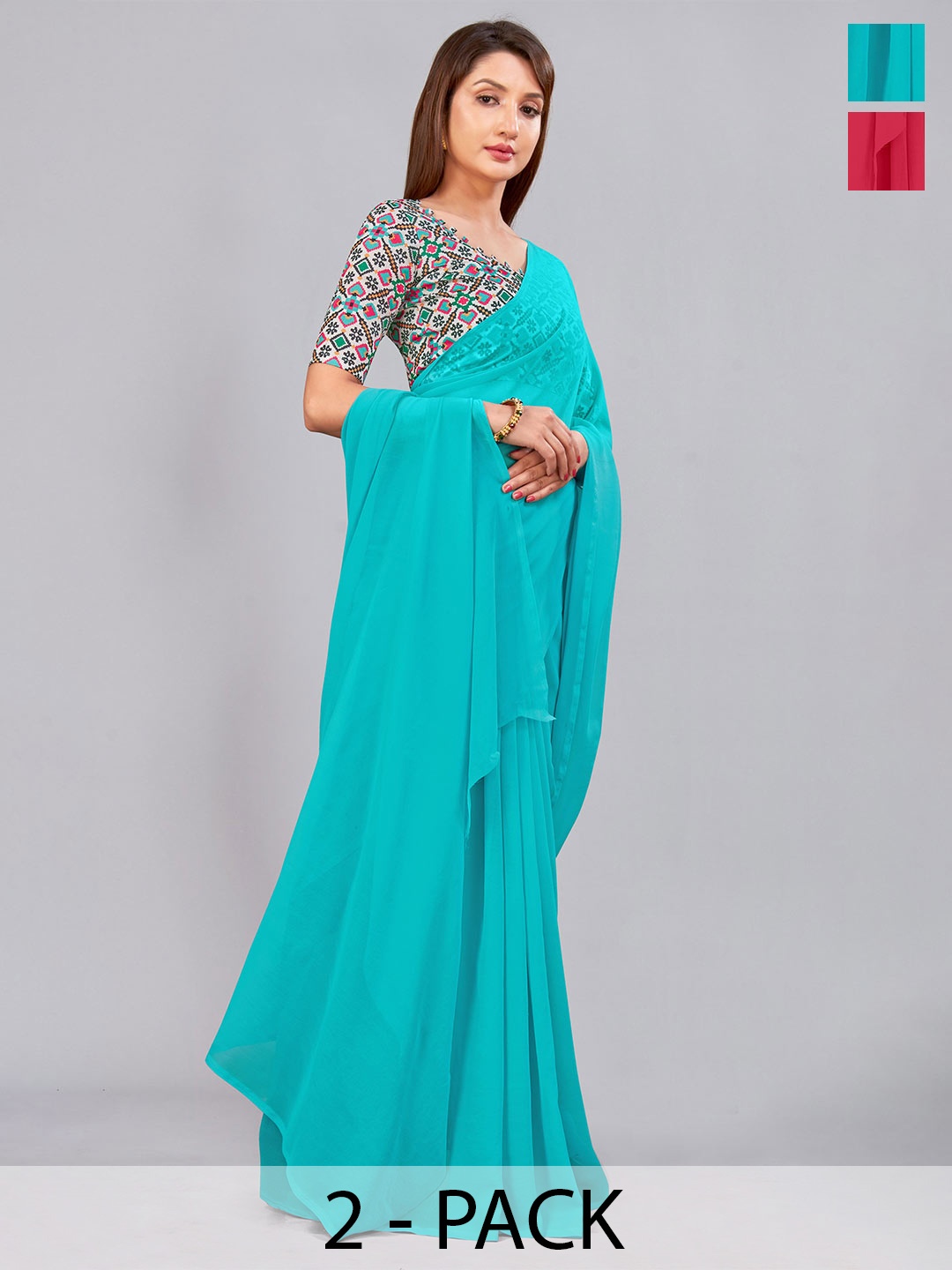 

CastilloFab Selection Of 2 Pure Georgette Saree, Turquoise blue