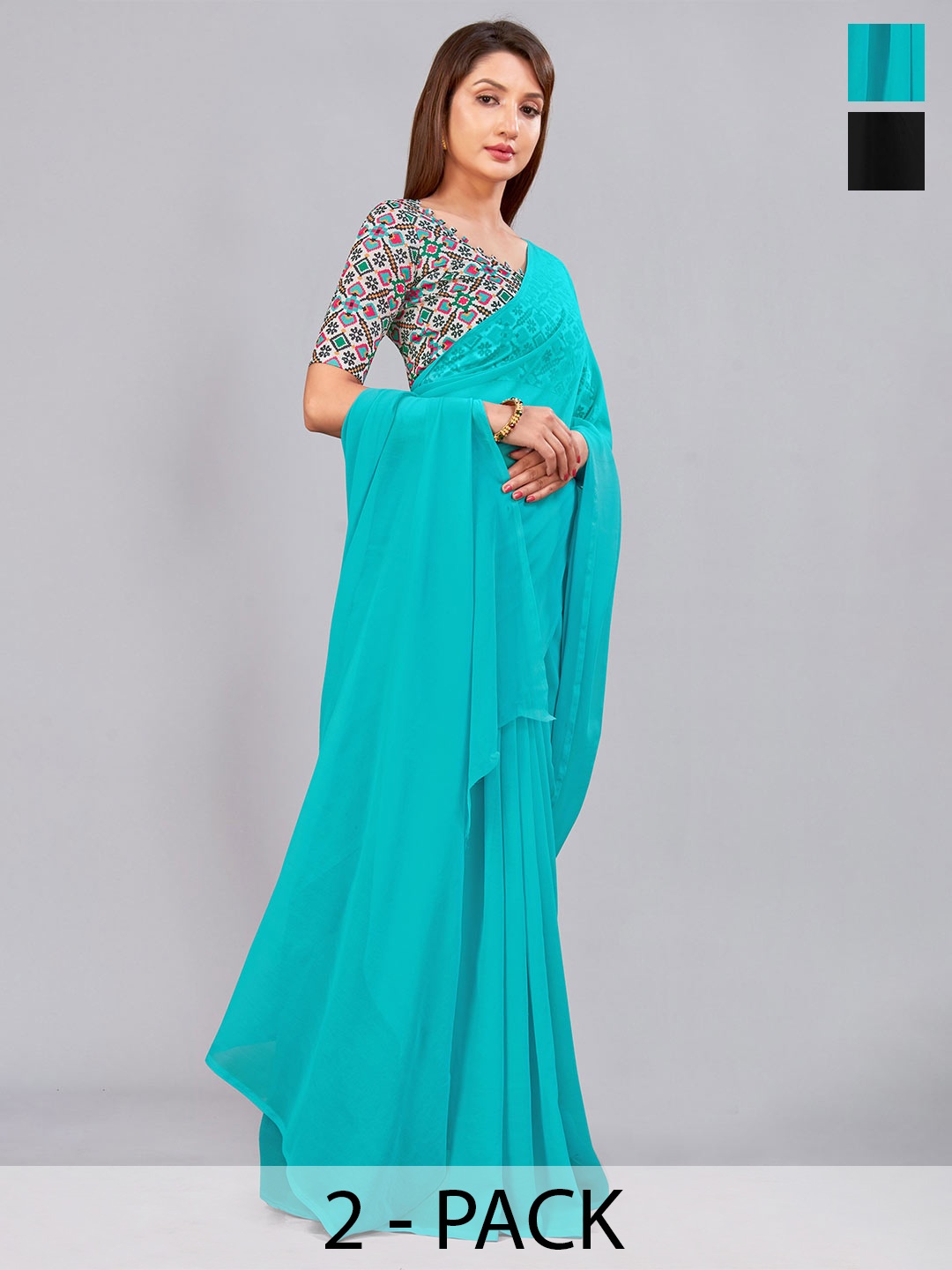 

CastilloFab Selection Of 2 Pure Georgette Saree, Turquoise blue