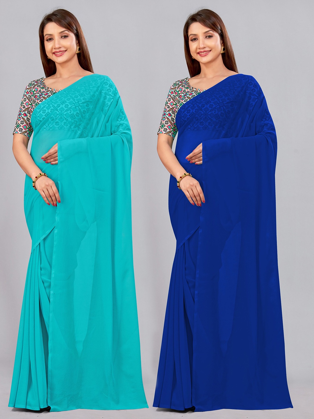 

CastilloFab Selection Of 2 Ethnic Pure Georgette Sarees, Turquoise blue