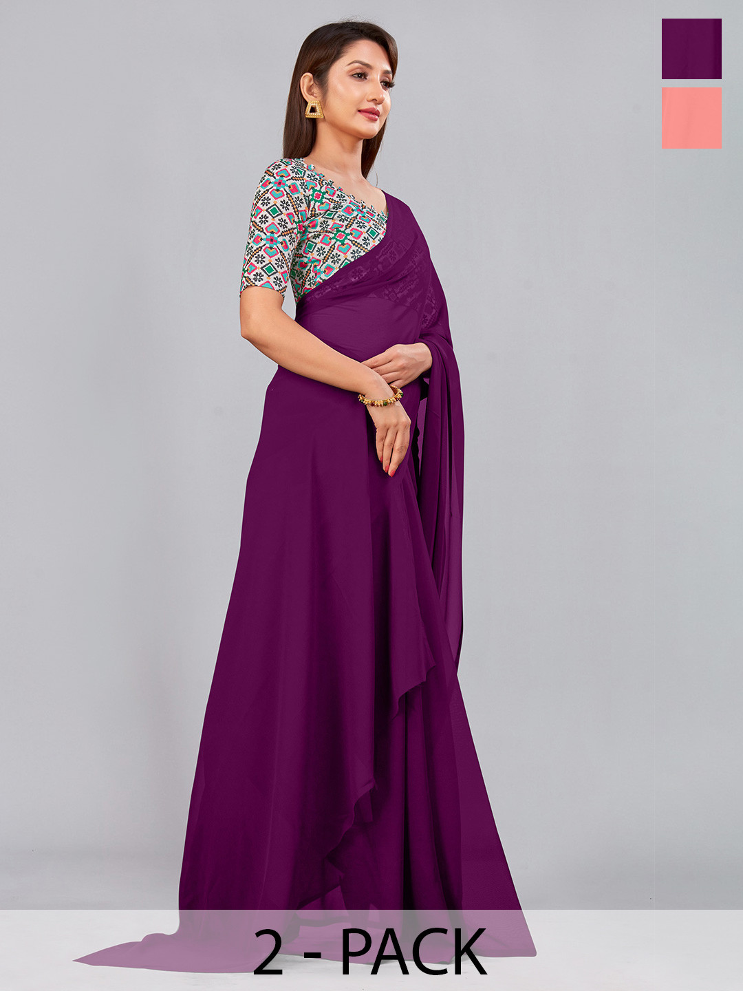 

CastilloFab Selection Of 2 Pure Georgette Saree, Burgundy
