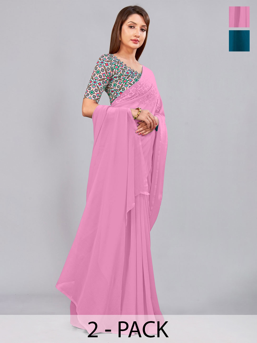

CastilloFab Selection Of 2 Pure Georgette Saree, Pink