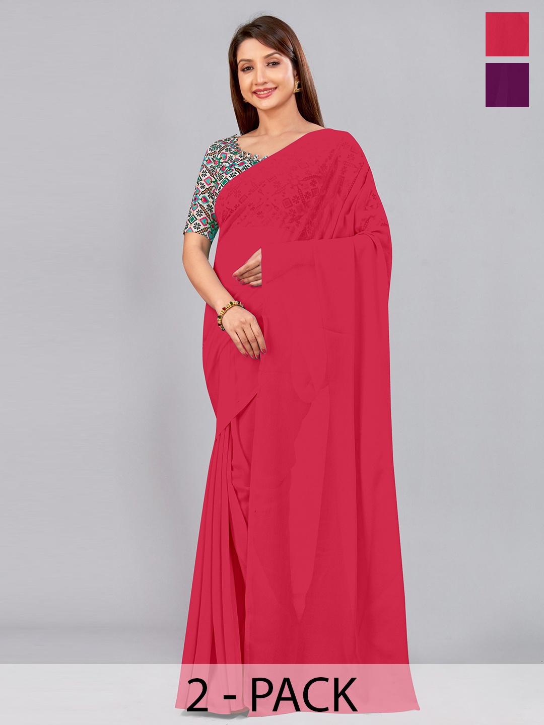 

CastilloFab Burgundy & Rose Selection of 2 Pure Georgette Sarees