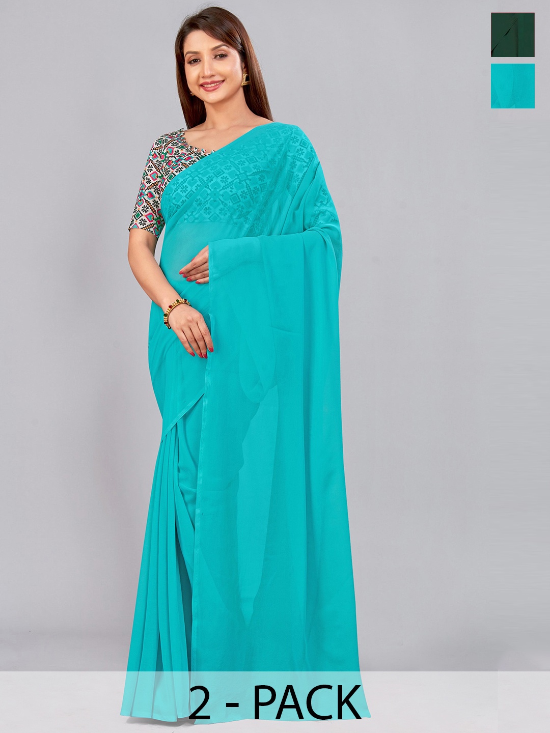 

CastilloFab Turquoise Blue & Green Selection of 2 Pure Georgette Sarees