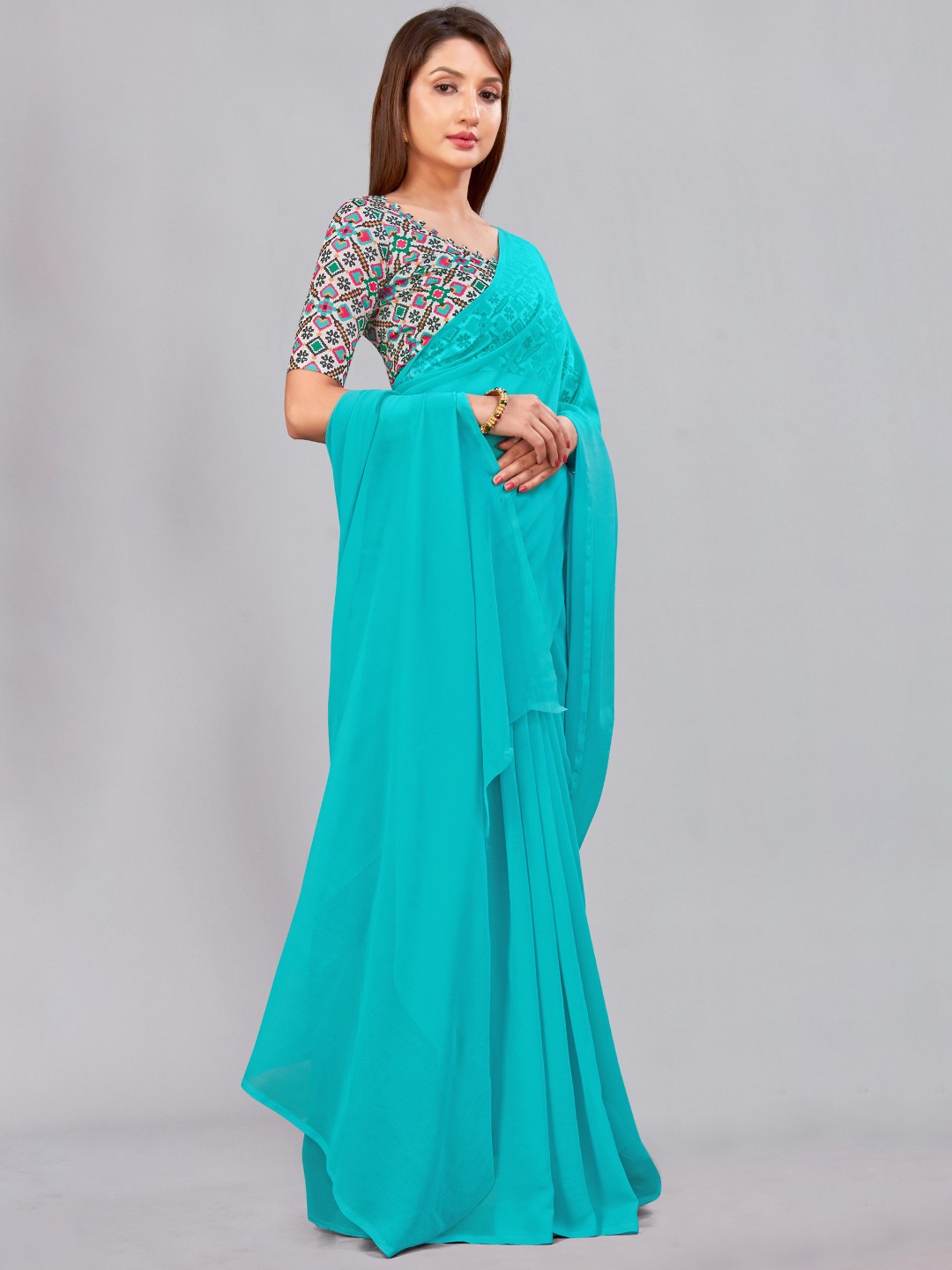 

CastilloFab Turquoise Blue & Maroon Selection of 2 Pure Georgette Saree