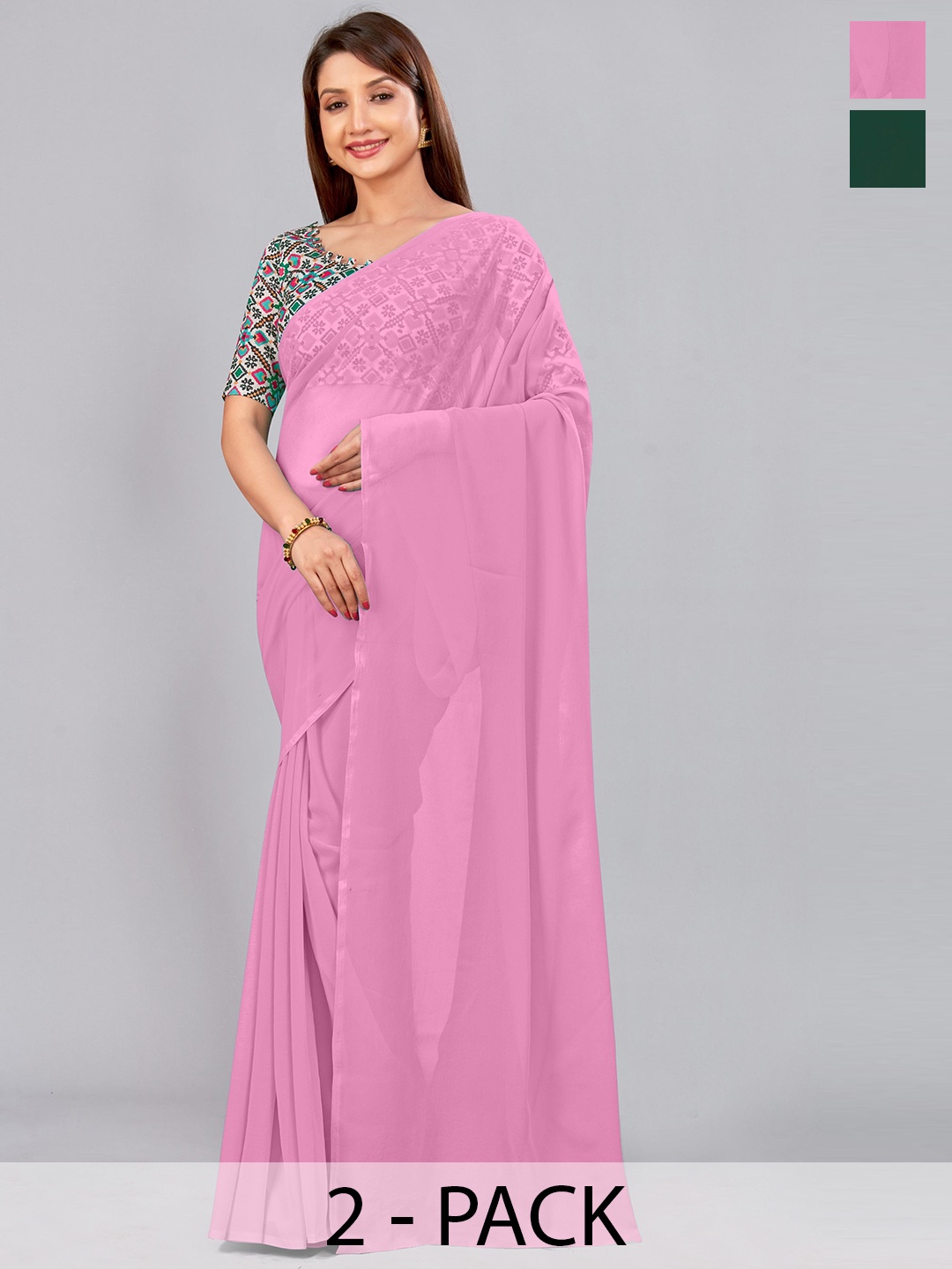 

CastilloFab Pink & Green Selection of 2 Pure Georgette Saree