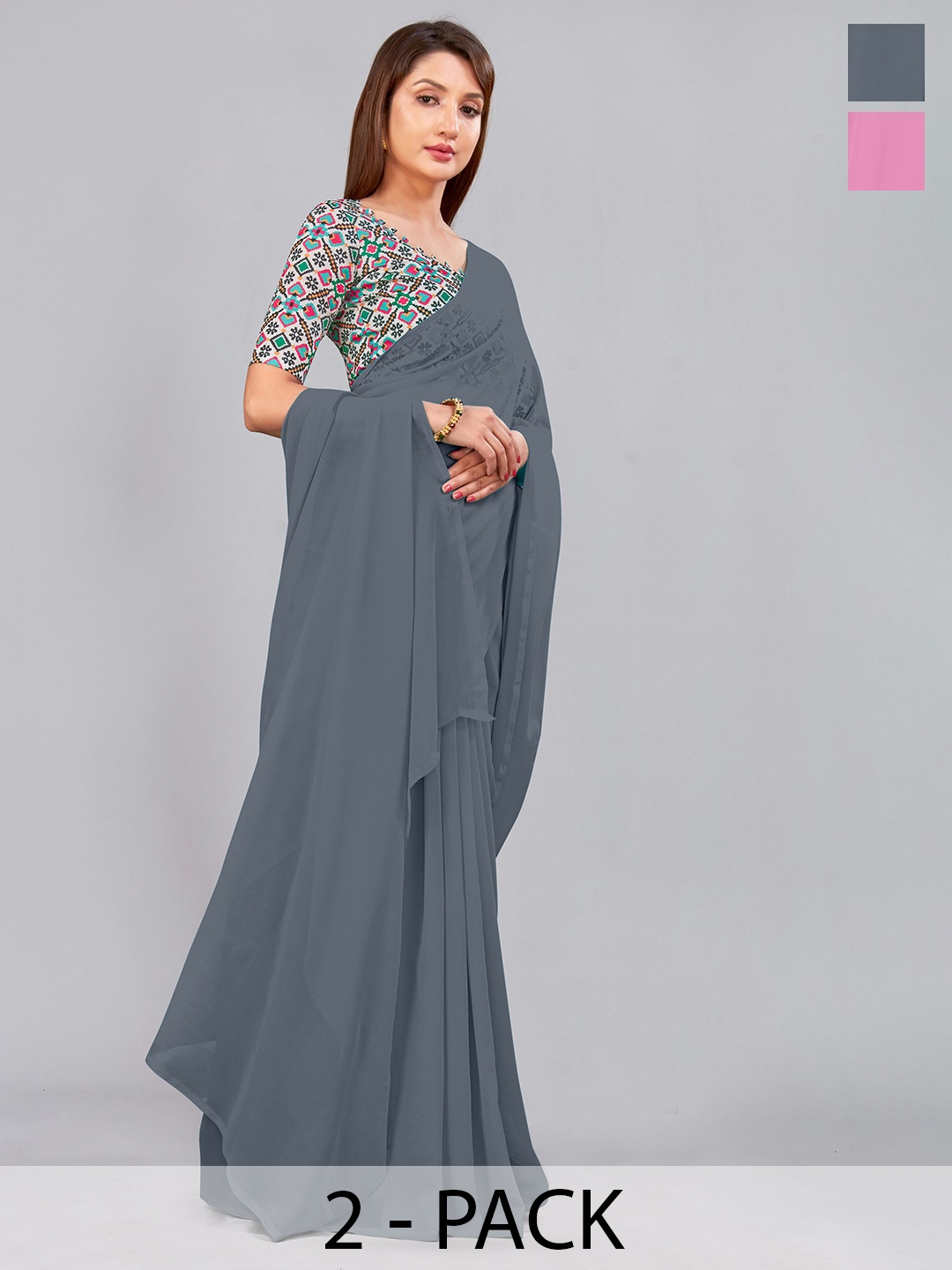 

CastilloFab Selection Of 2 Pure Georgette Saree, Grey