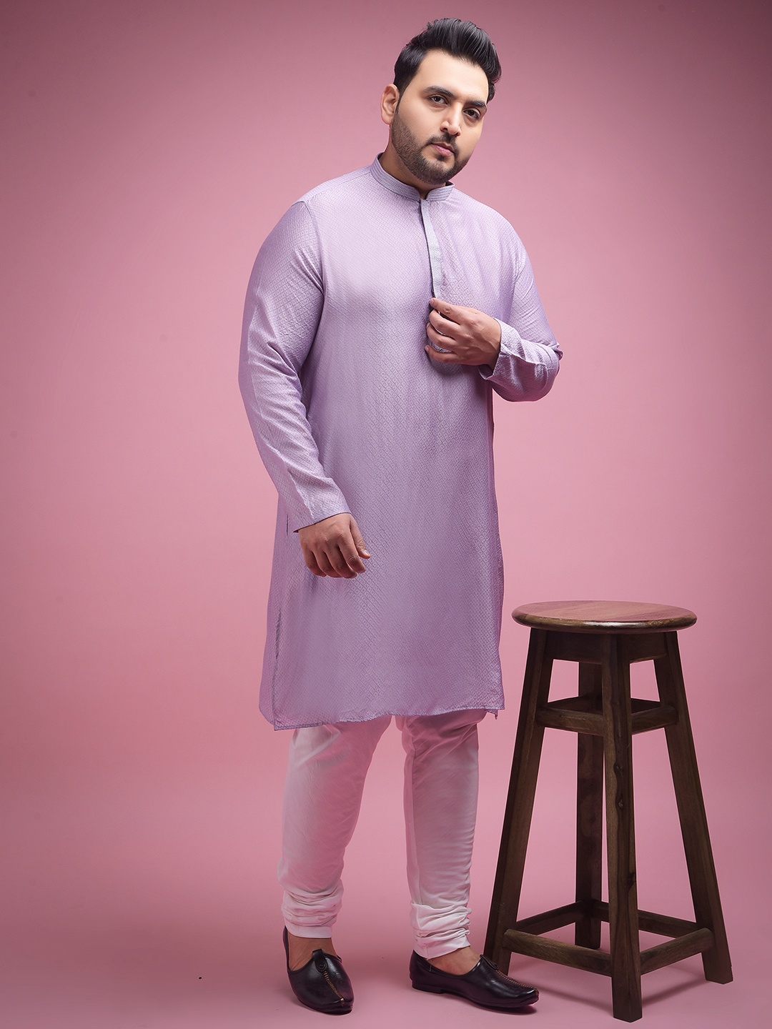 

Sztori Plus Size Woven Design Mandarin Collar Straight Kurta with Churidar, Purple