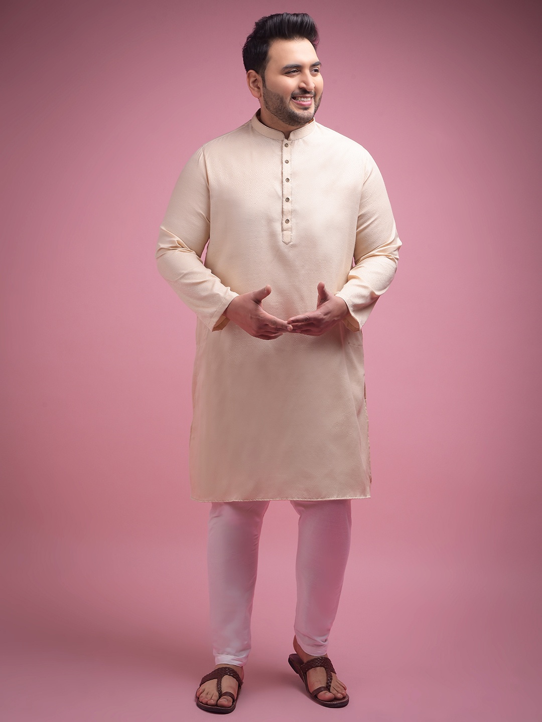 

Sztori Woven Design Band Collar Long Sleeves Straight Kurta with Pyjama, Cream