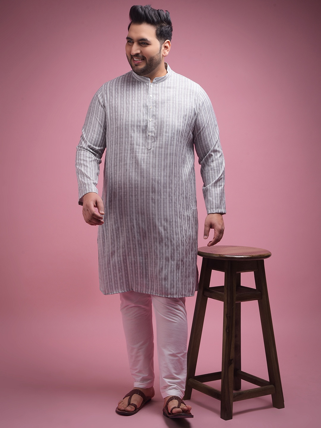 

Sztori Striped Jacquard Woven Design Kurta With Pyjama, Grey