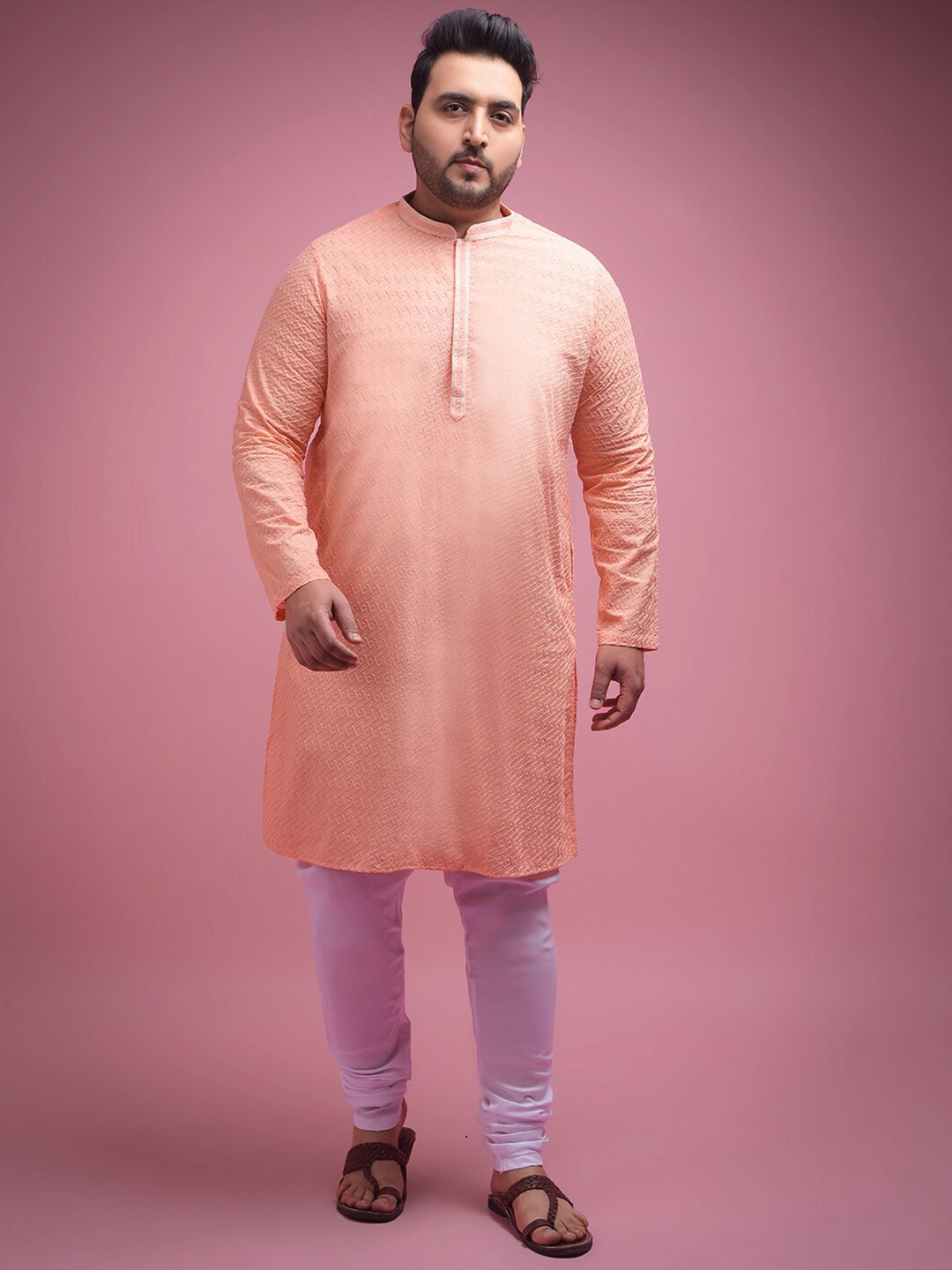 

Sztori Ethnic Motifs Embroidered Pure Cotton Kurta With Churidar, Peach