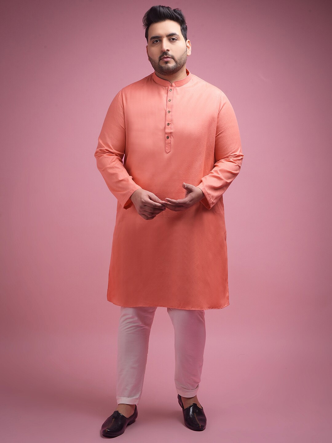 

Sztori Woven Design Band collar Long Sleeves Straight Kurta with Pyjama, Pink