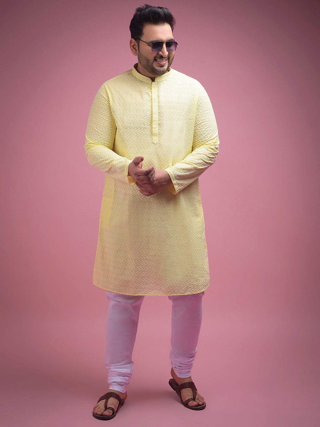 

Sztori Ethnic Motifs Embroidered Pure Cotton Kurta With Churidar, Yellow