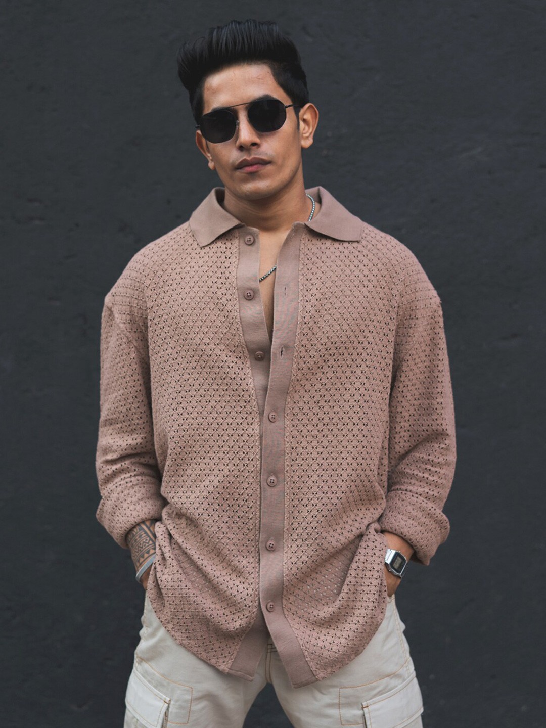 

Powerlook Semi Sheer Self Design India Slim Fit Pure Cotton Oversized Crochet Shirt, Brown