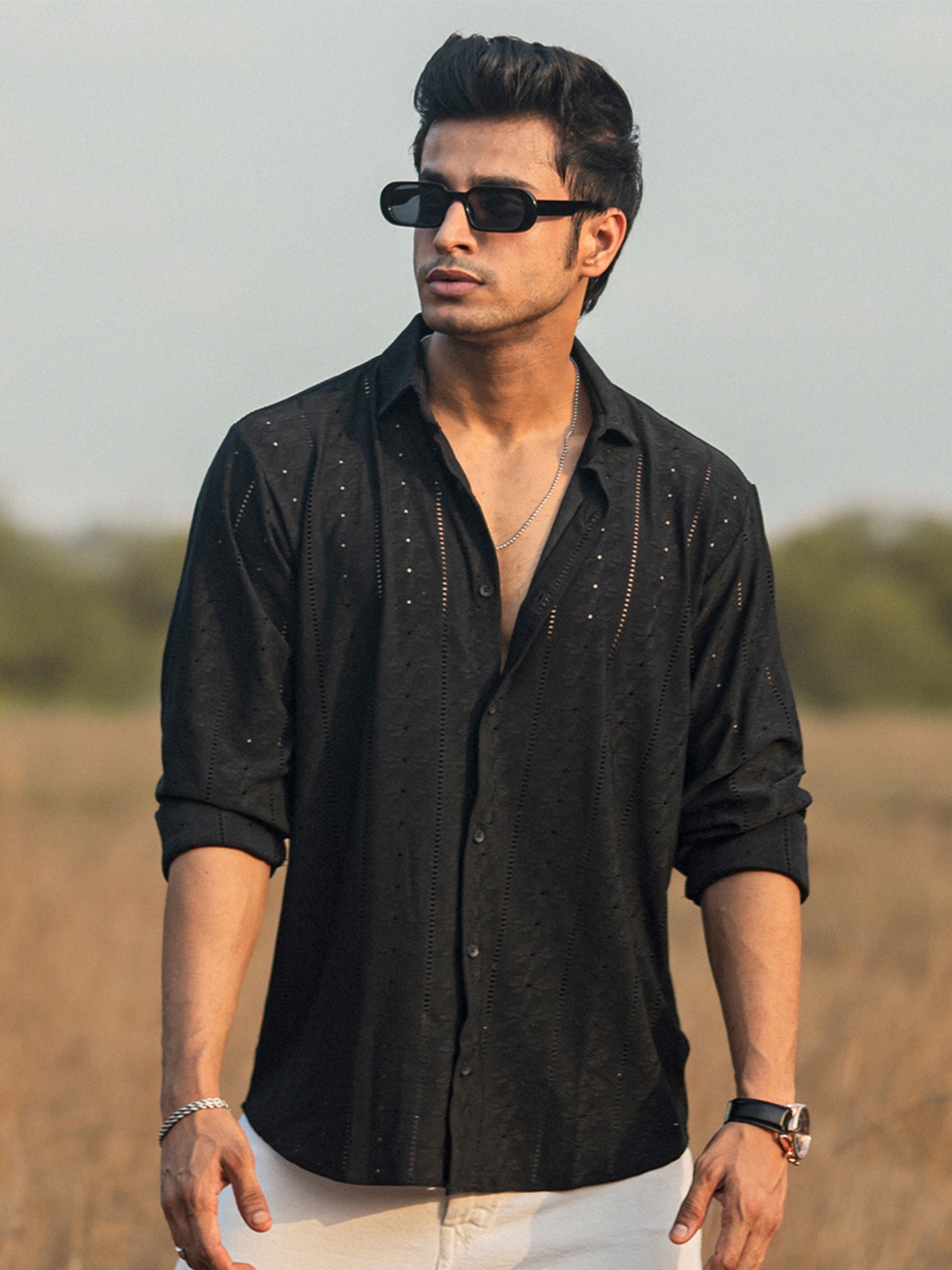 

Powerlook Spread Collar Long Sleeves Cotton Casual Shirt, Black