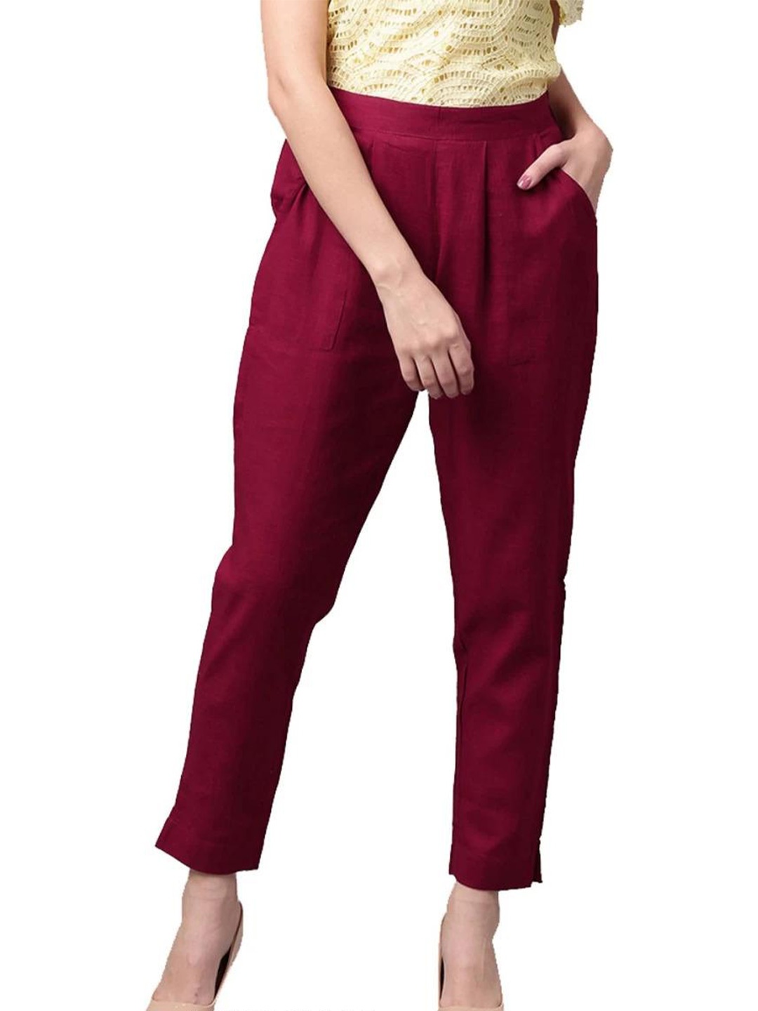 

BAESD Women Mid-Rise Easy Wash Pleated Cotton Regular Trousers, Maroon