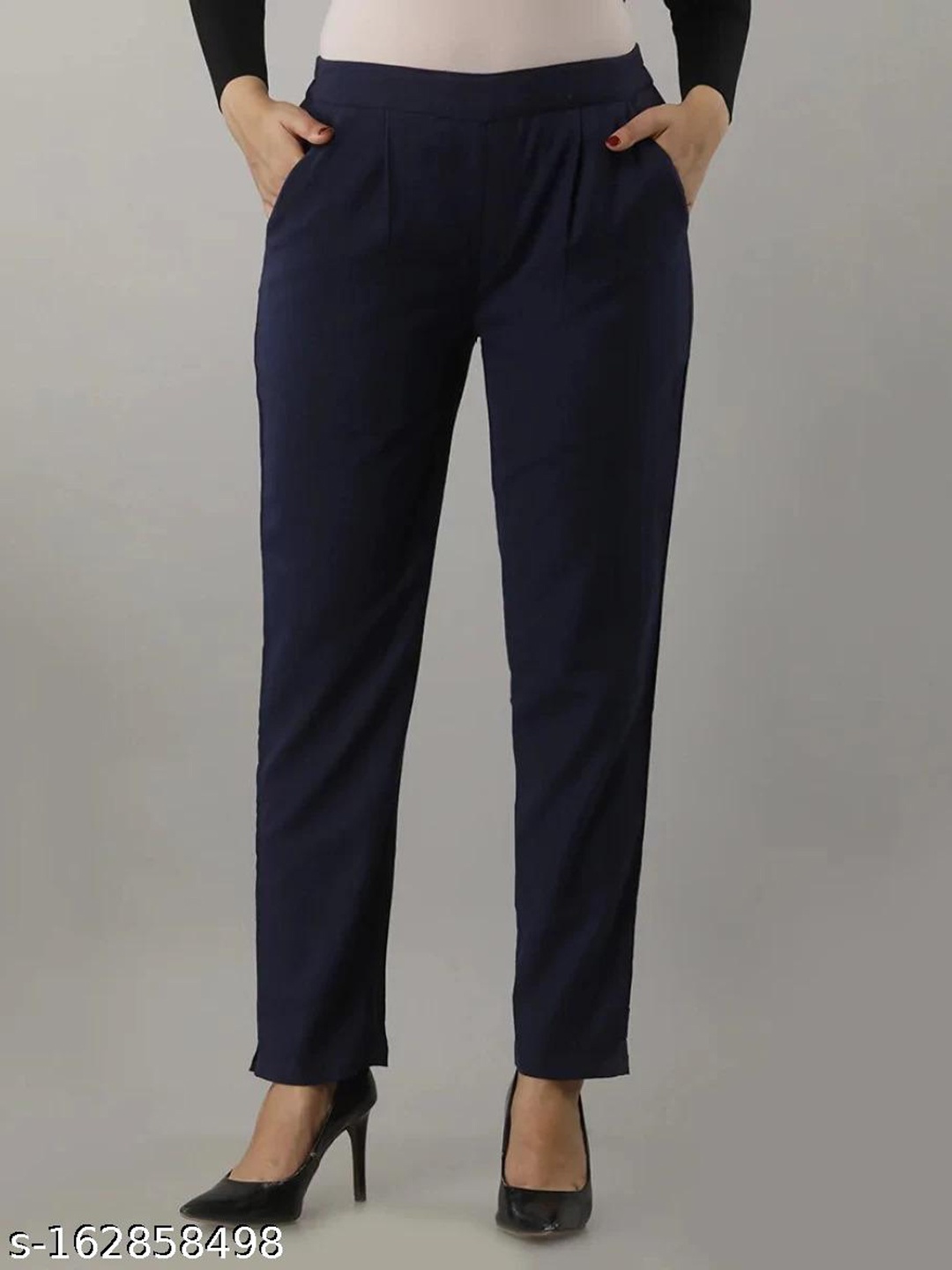 

BAESD Women Mid-Rise Easy Wash Pleated Cotton Regular Trousers, Navy blue