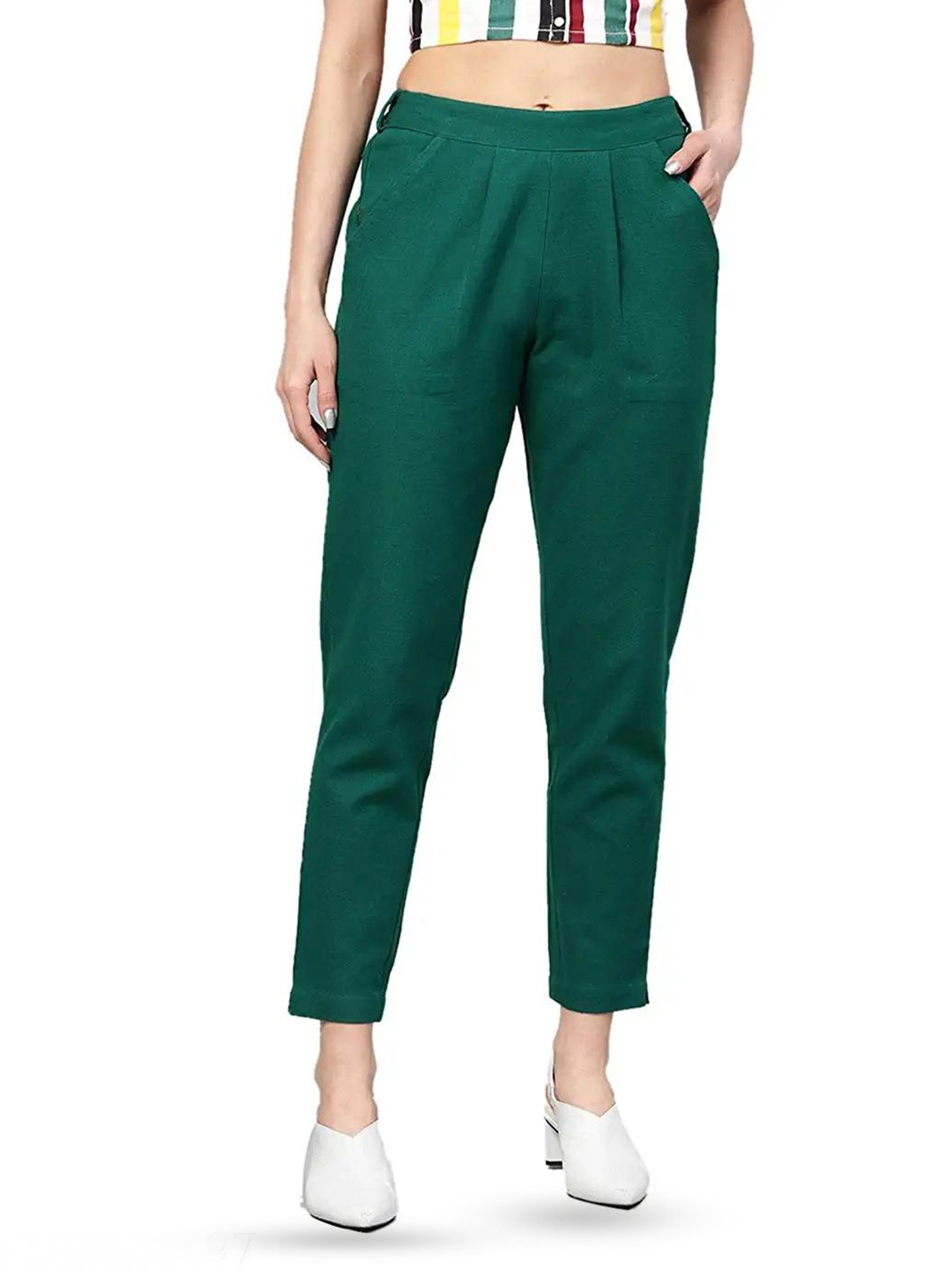 

BAESD Women Mid-Rise Easy Wash Pleated Cotton Regular Trousers, Green