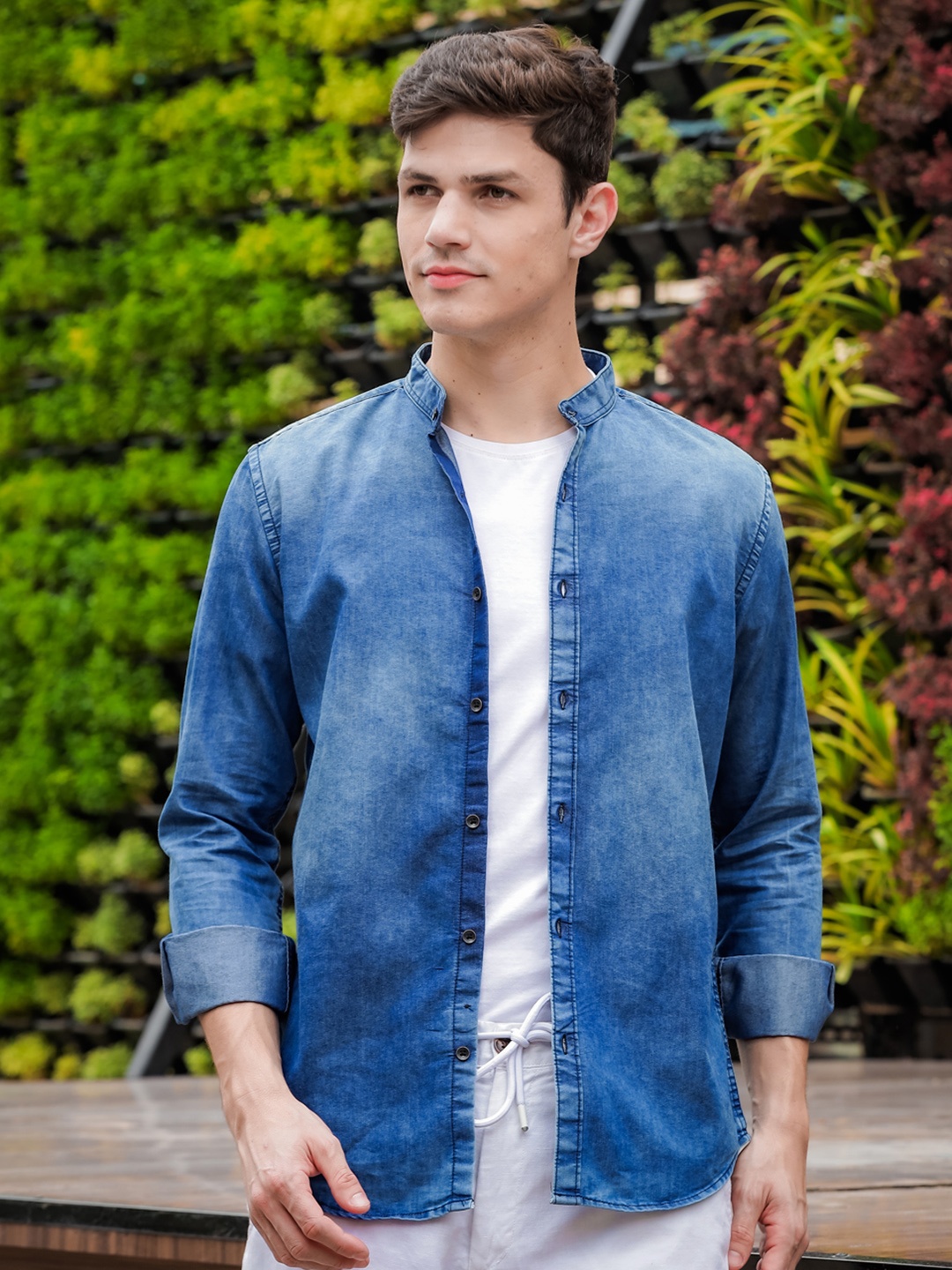 

Bushirt Comfort Band Collar Denim Weave Pure Cotton Casual Shirt, Blue