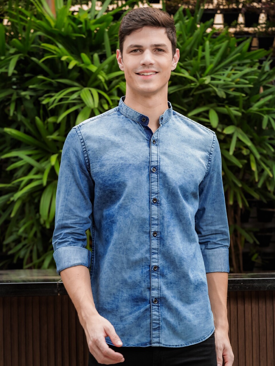 

Bushirt Camouflage Cotton Comfort Mandarin Collar Curved Casual Shirt, Blue