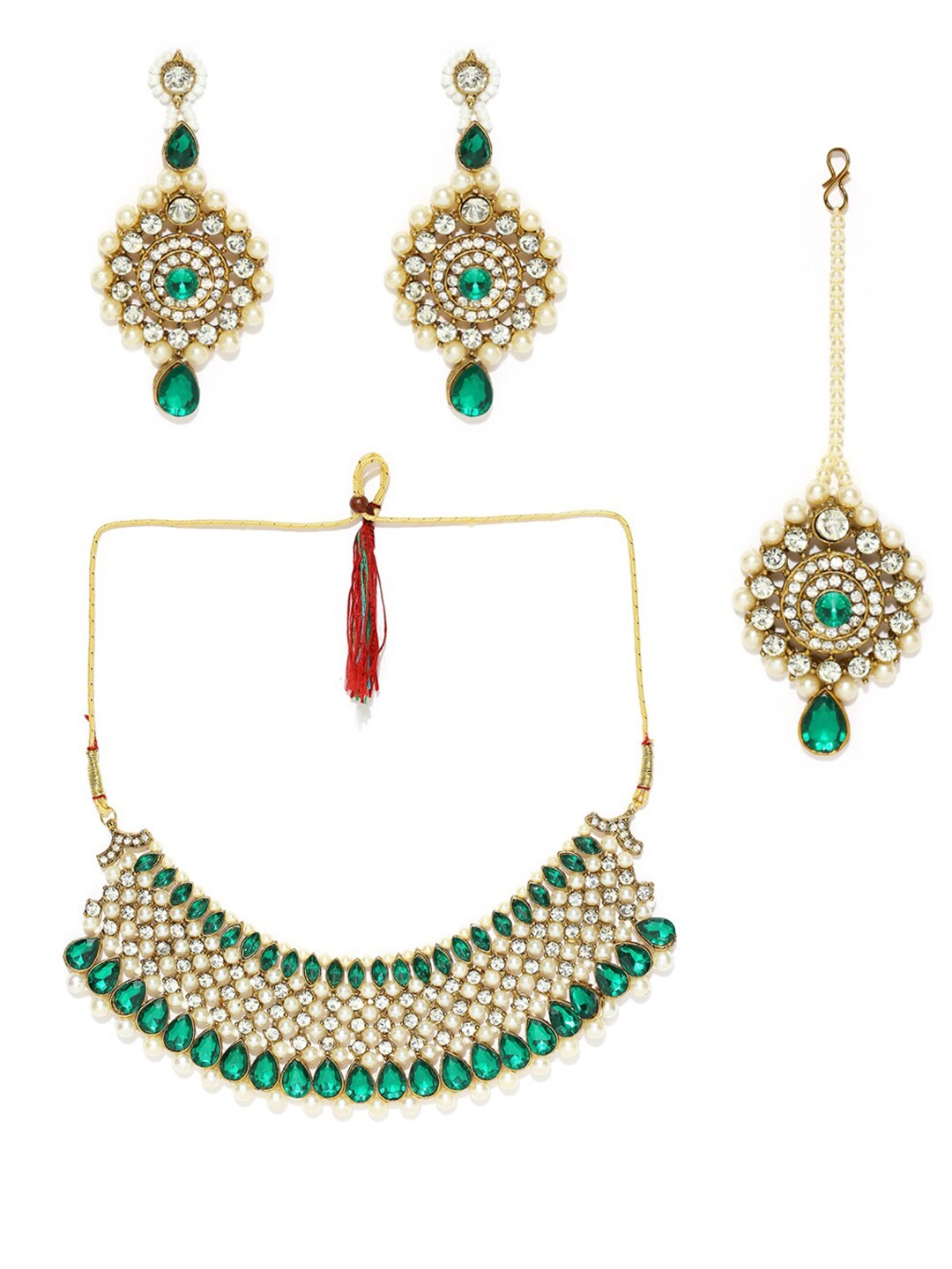 

MANATH Stone Studded Beaded Necklace & Earrings With Maang Tika, Gold