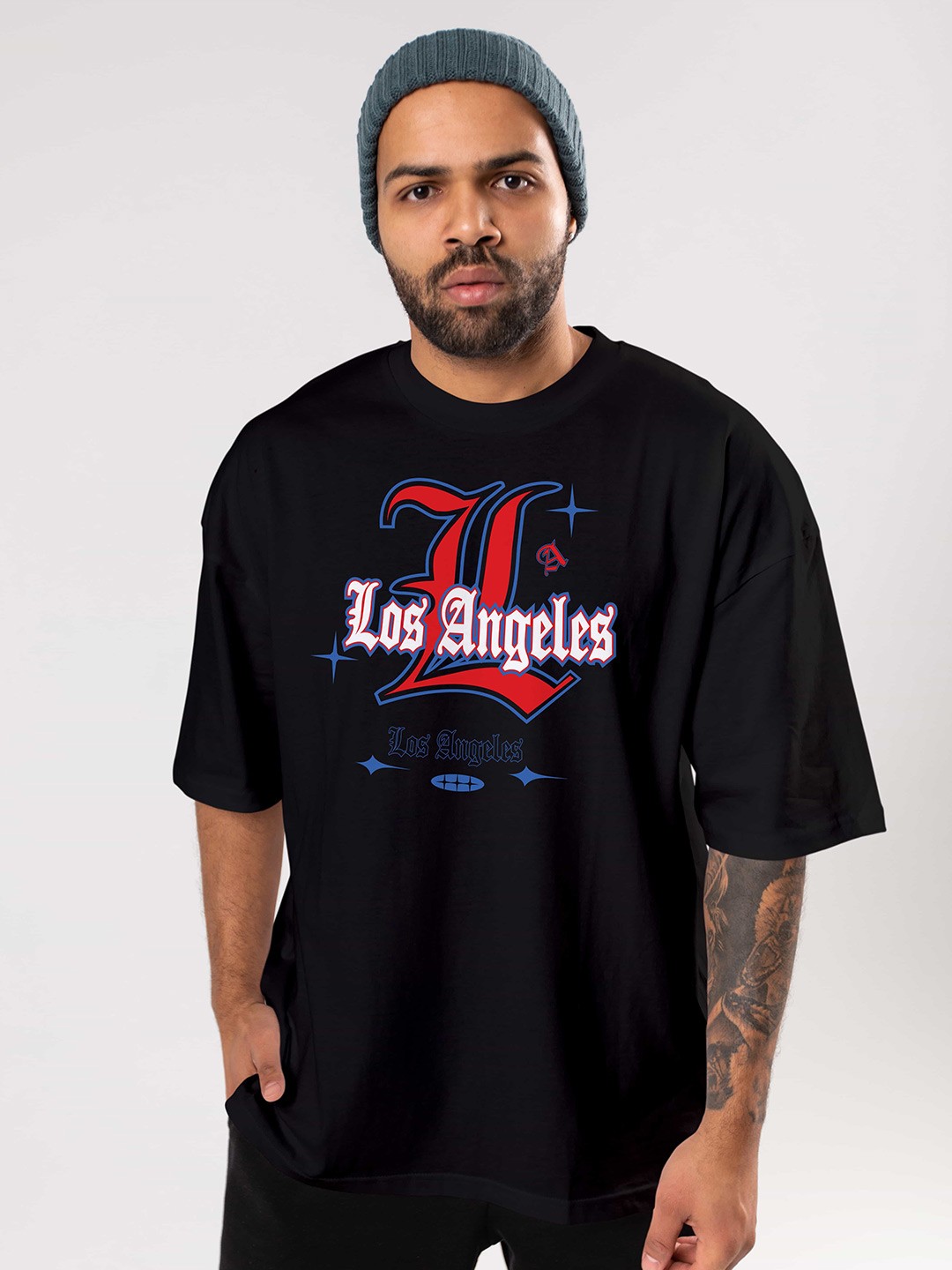 

BAESD Typography Printed Drop-Shoulder Sleeves Cotton Oversized T-shirt, Black