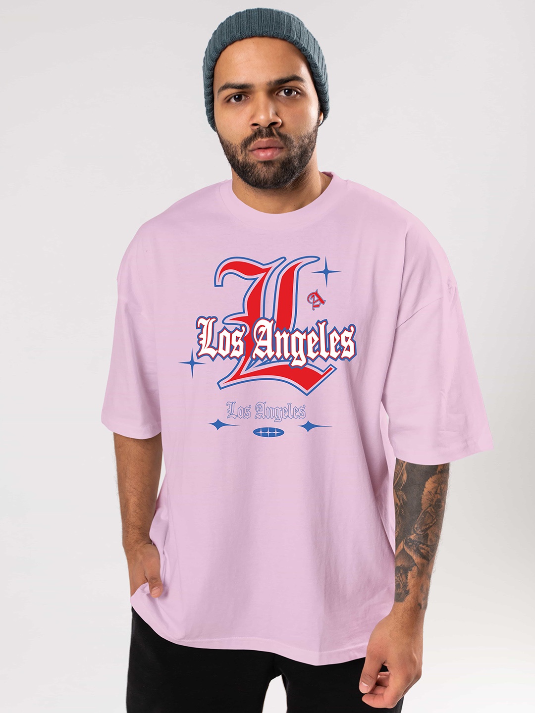 

BAESD Typography Printed Drop-Shoulder Sleeves Oversized Cotton T-shirt, Pink