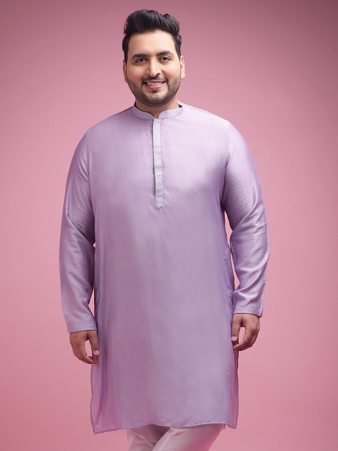 

Sztori Plus Size Woven Design Mandarin Collar Jacquard Kurta, Purple