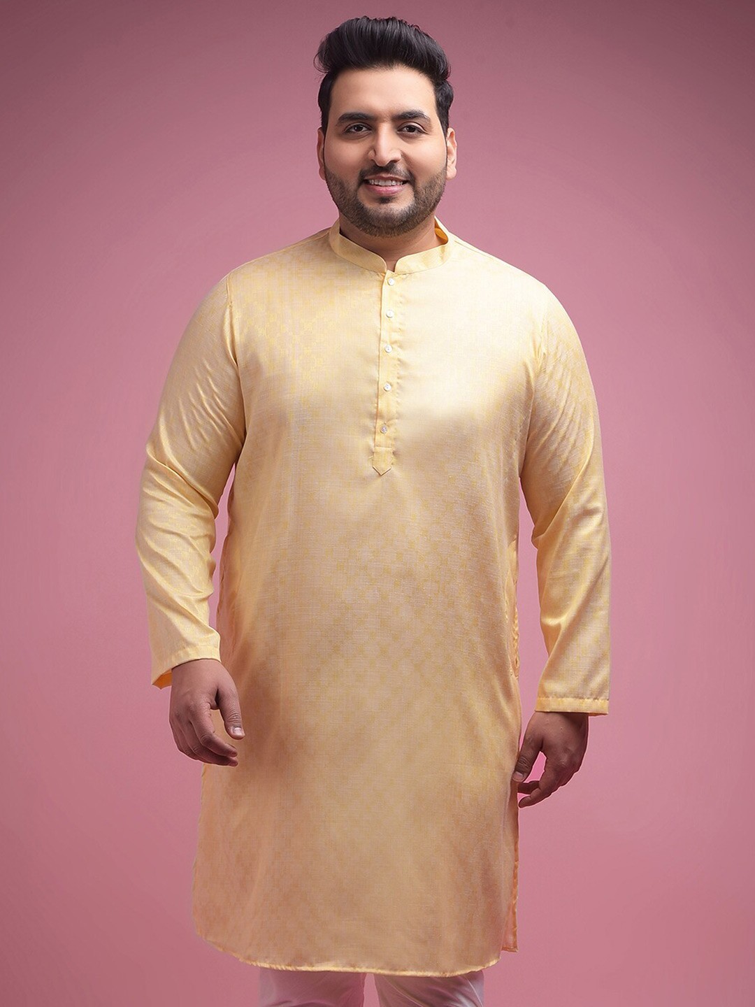 

Sztori Plus Size Woven Design Mandarin Collar Jacquard Kurta, Yellow