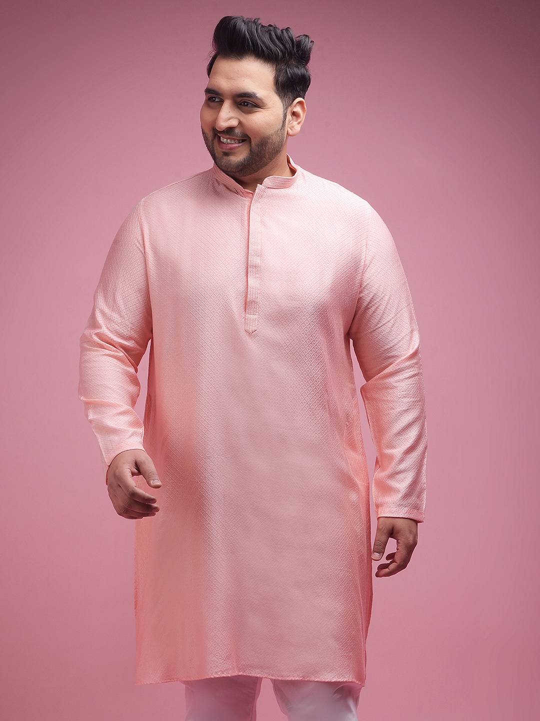 

Sztori Plus Size Geometric Woven Design Straight Jacquard Kurta, Pink
