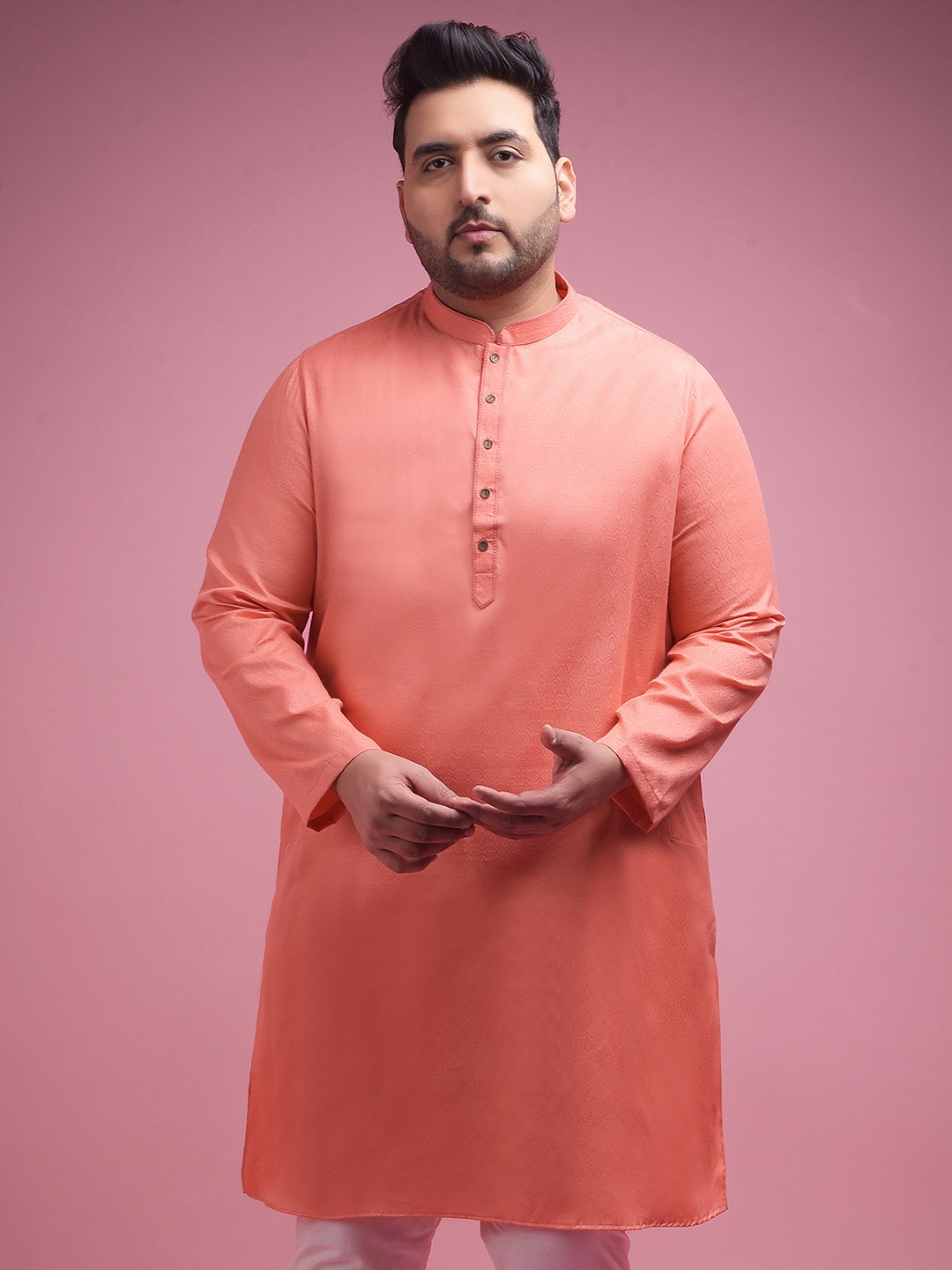 

Sztori Plus Size Ethnic Motifs Woven Design Mandarin Collar Jacquard Kurta, Pink