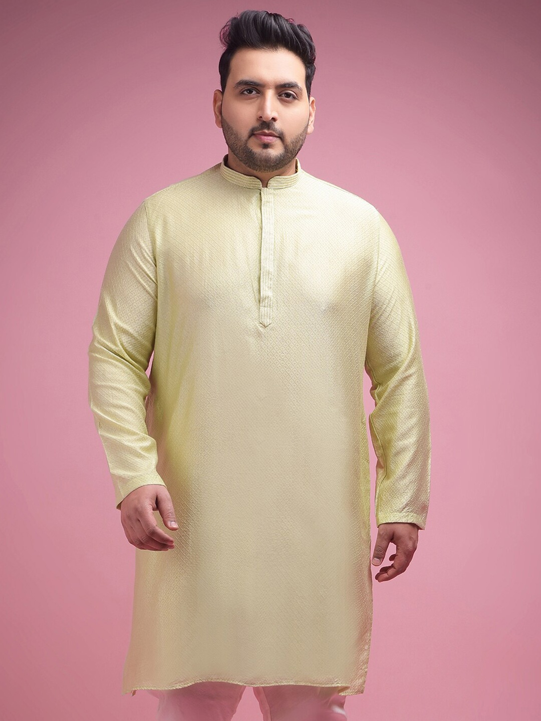 

Sztori Plus Size Ethnic Motifs Woven Design Mandarin Collar Cotton Jacquard Straight Kurta, Green