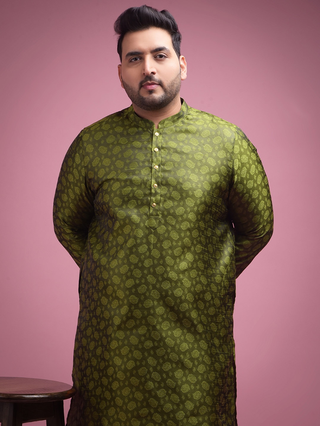 

Sztori Plus Size Ethnic Motifs Woven Design Mandarin Collar Jacquard Kurta, Olive